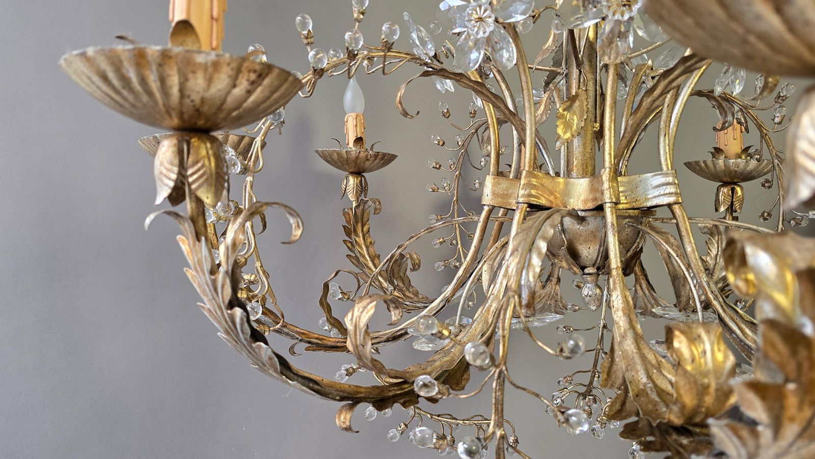 photo for sale Large Mechini Florence Gilt Iron And Crystal Floral Chandelier, Italy
