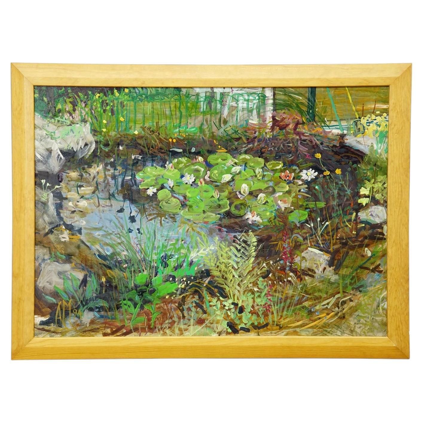 Tuinvijver met waterlelies en rotstuin, 1994 – Olieverfschilderij