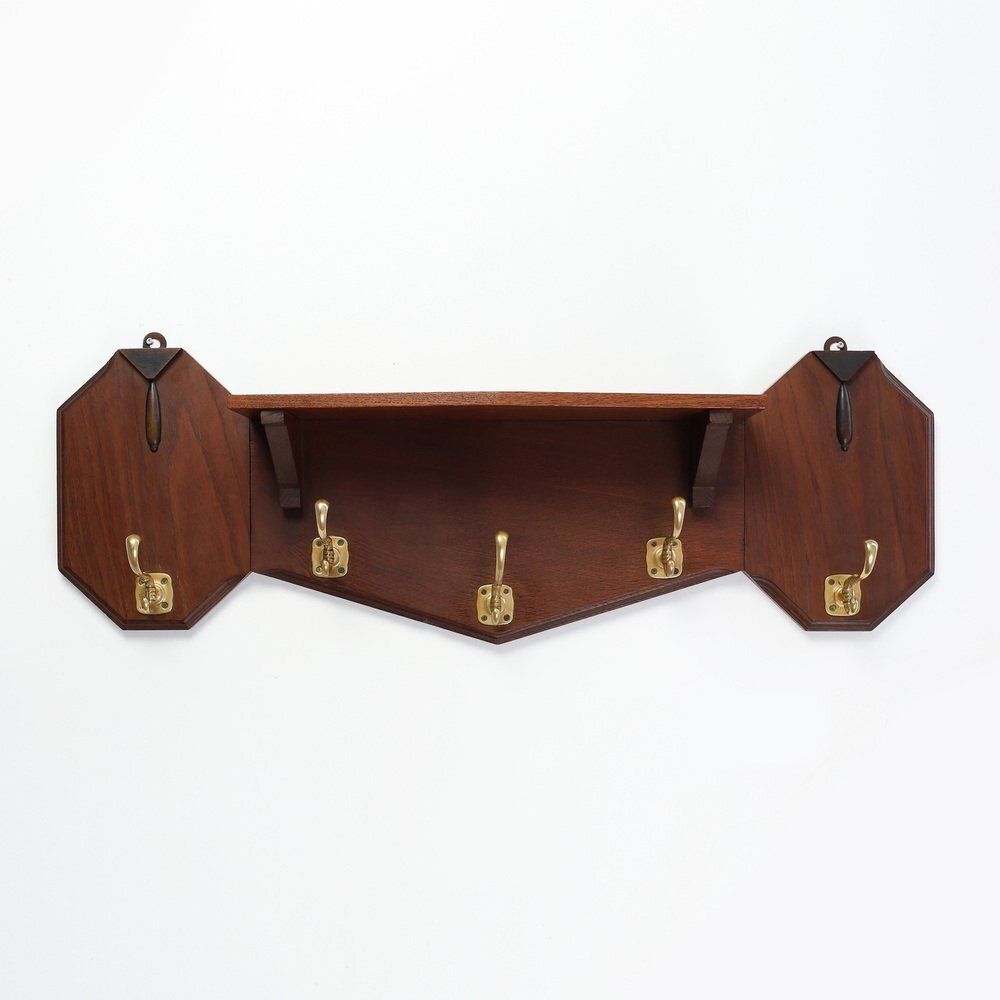 Art Deco Coat Rack In Oak And Copper, Belgium, 1920s
