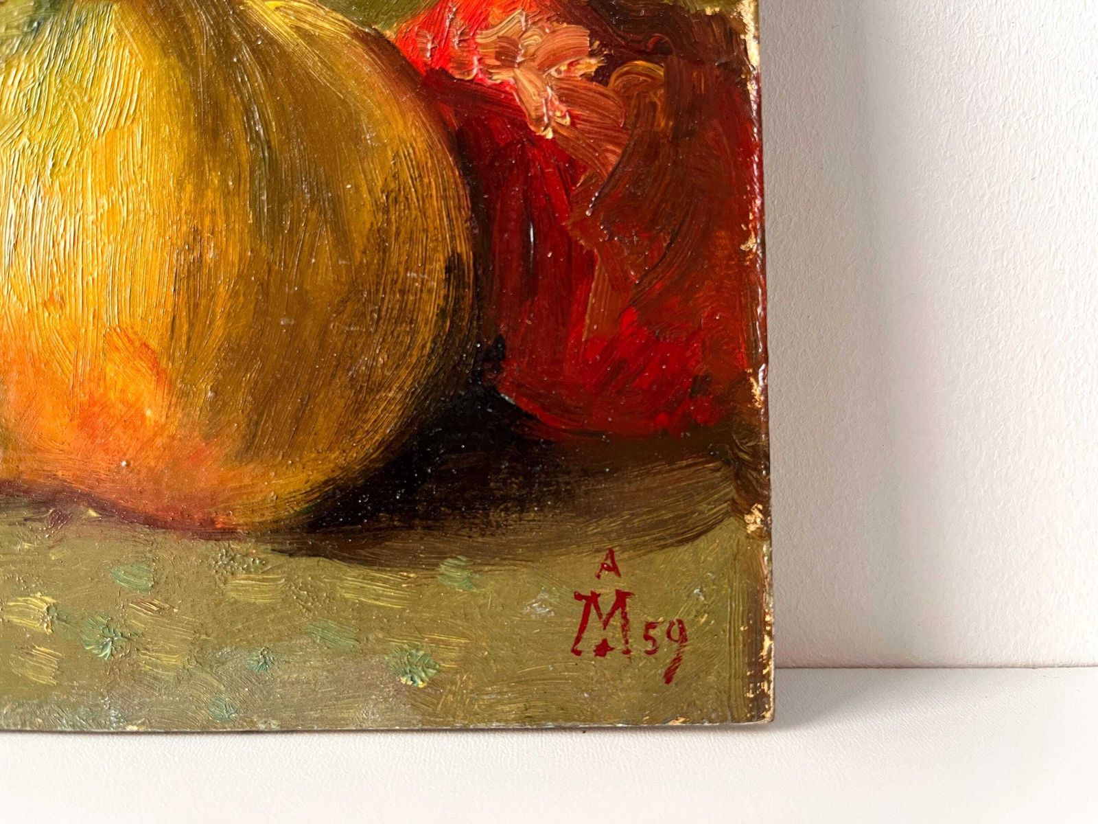 photo furniture Olieverfschilderij op karton, appels stilleven, 1959, Franse keukendecoratie
