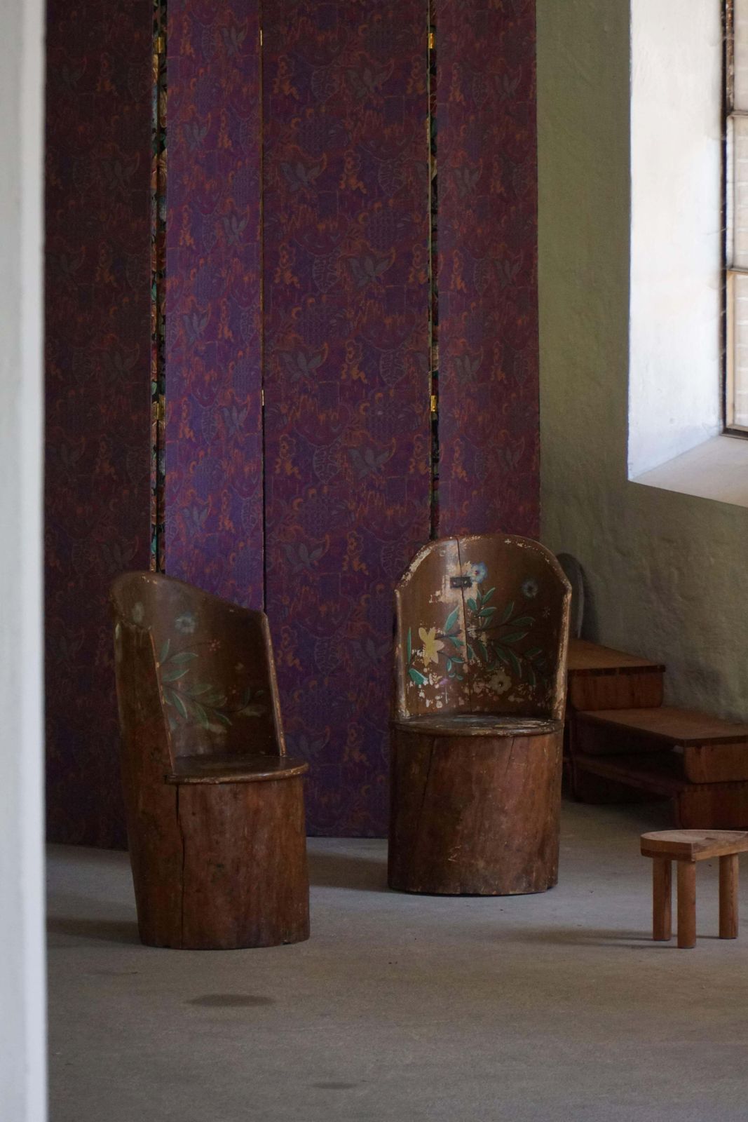 Pair Of Swedish Folk Art Stump Chairs, Painted Floral Motifs, Late 19th Century photo furniture