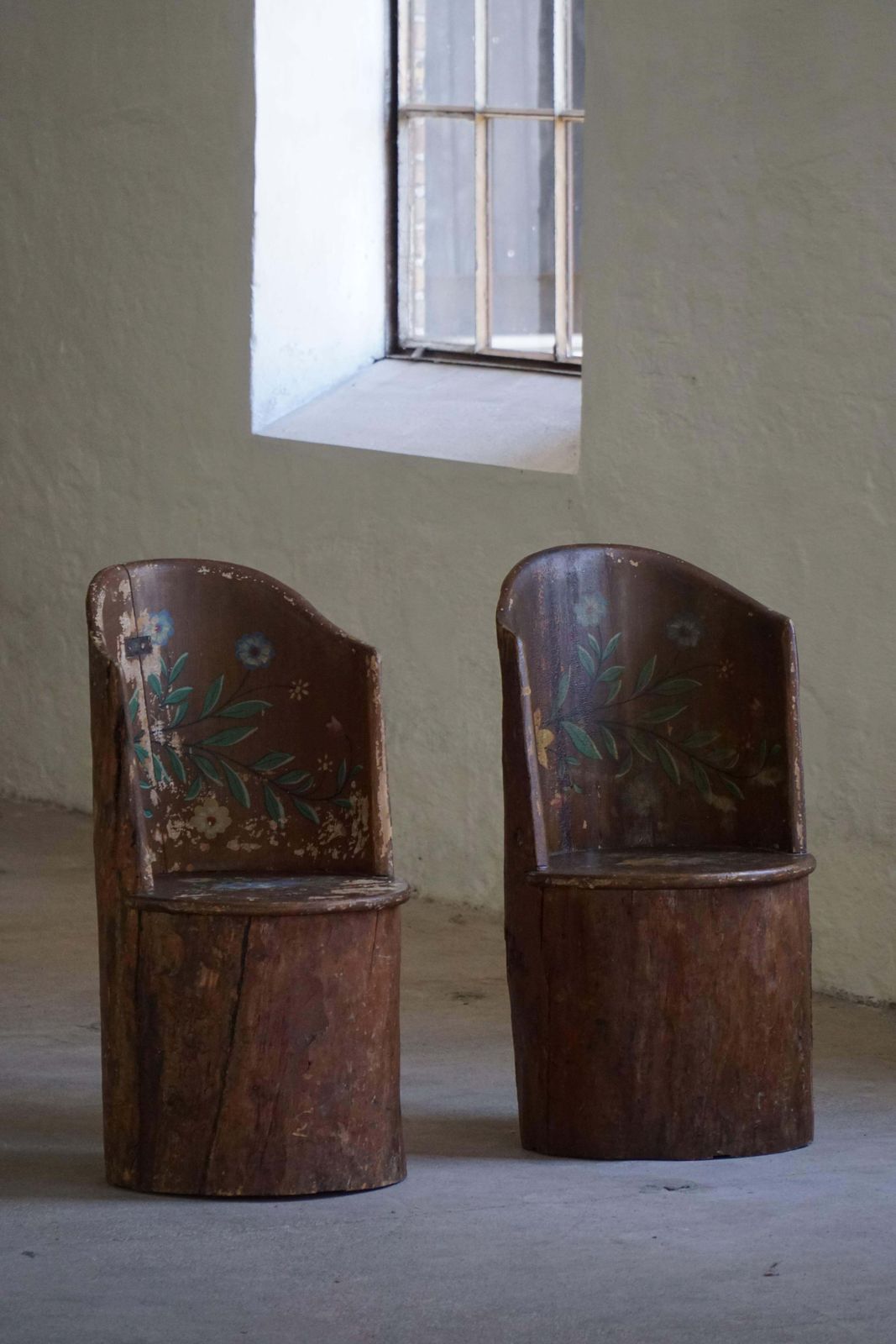 Furniture Pair Of Swedish Folk Art Stump Chairs, Painted Floral Motifs, Late 19th Century photo