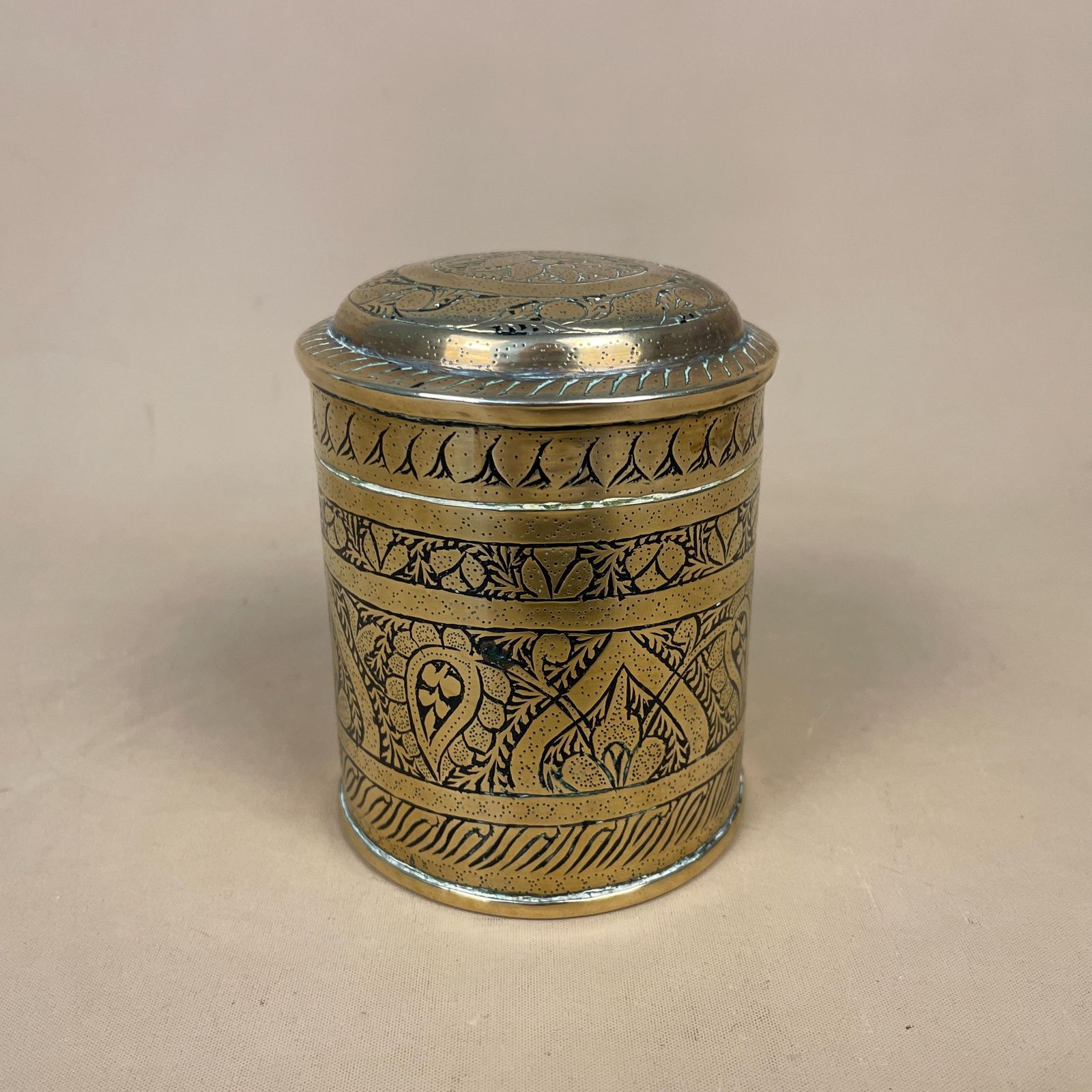 Indian Brass Engraved Lidded Pot Cylinder Canister Decorative Metal Jar Vintage Home Decor Accent photo for sale