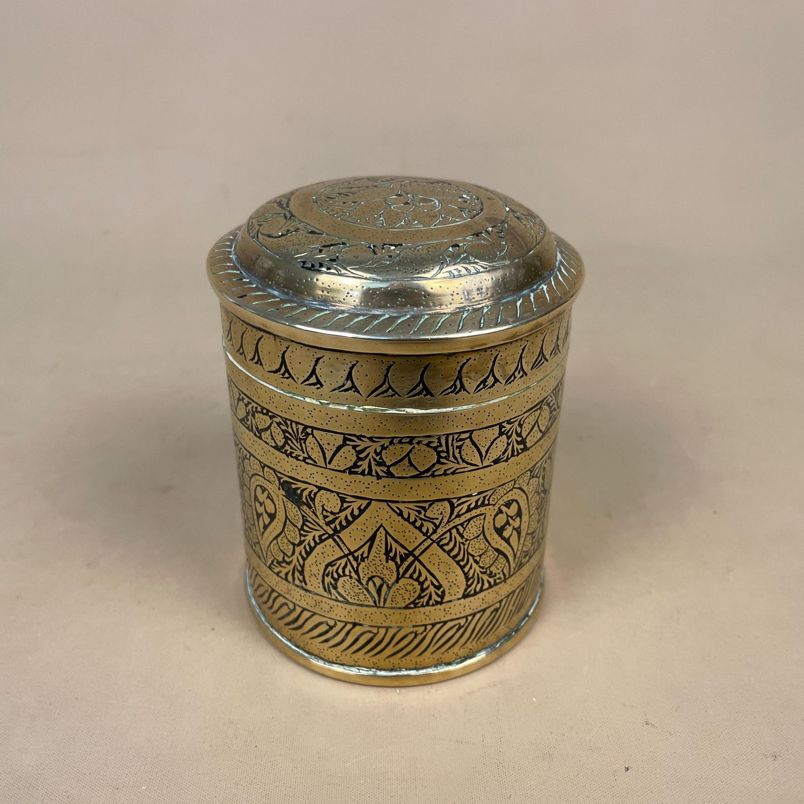 Indian Brass Engraved Lidded Pot Cylinder Canister Decorative Metal Jar Vintage Home Decor Accent photo vintage