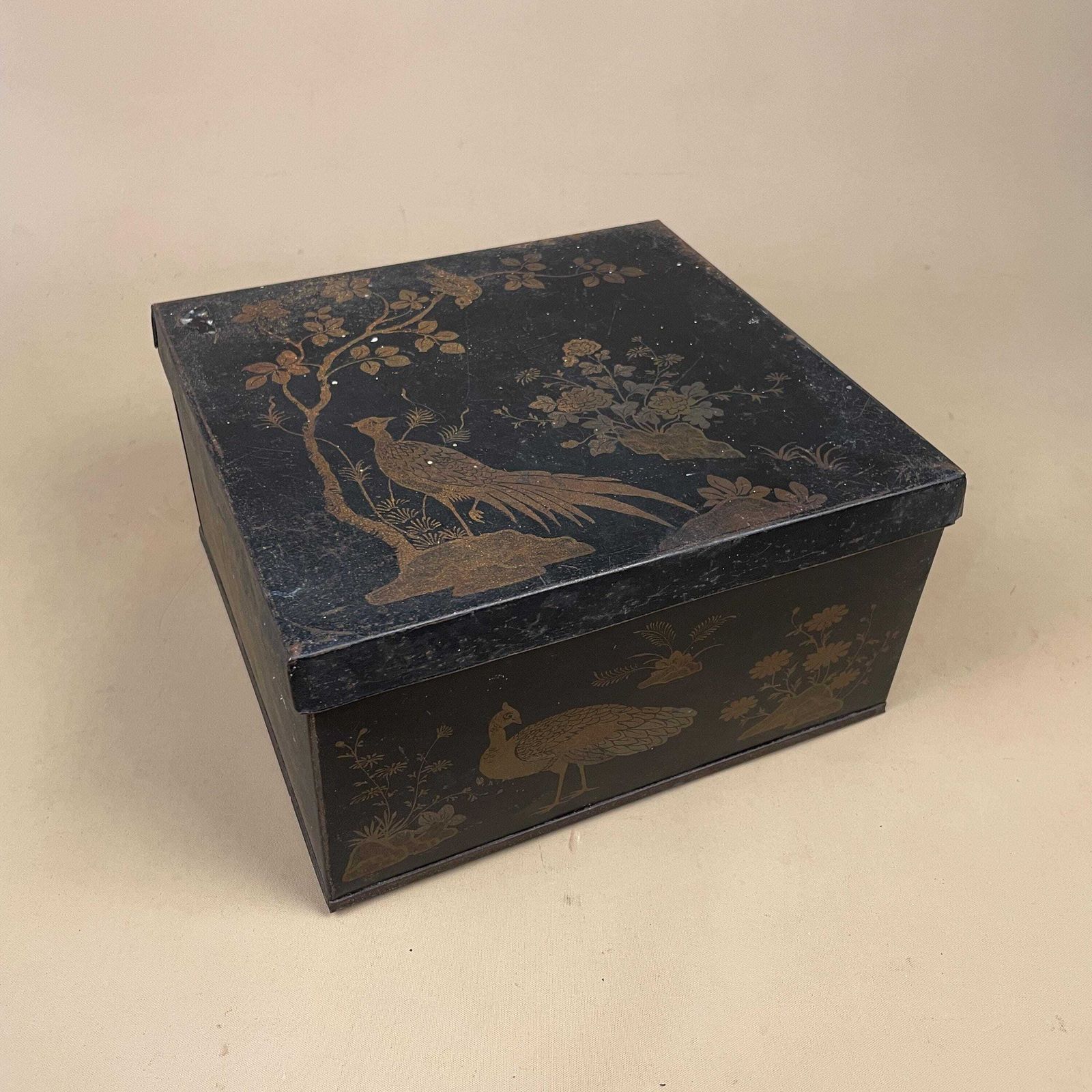 Oriental Metal Tin Box Black Gold Bird Keepsake Storage Box Chinoiserie Style Decorative Home Accent Vintage