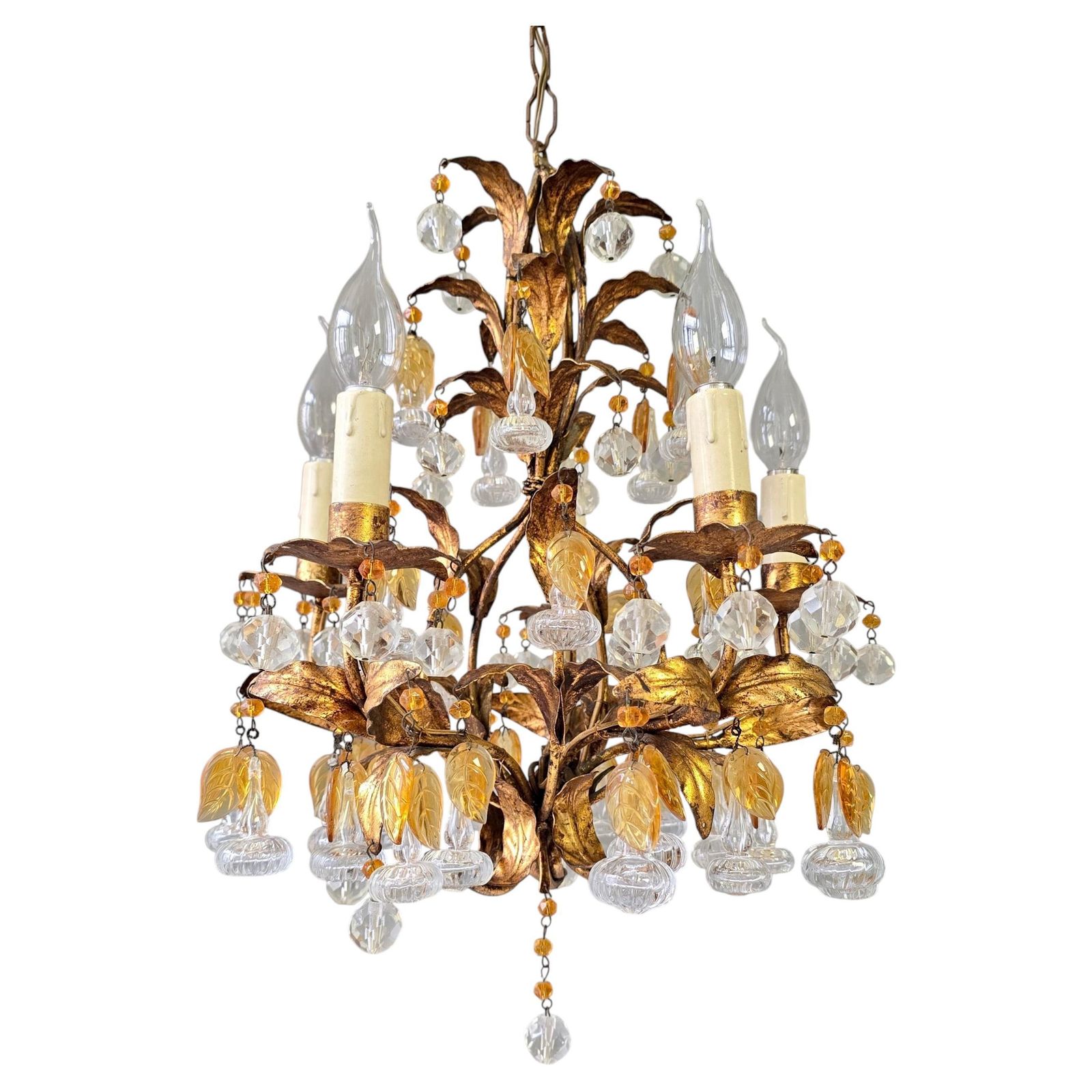 Italian Gilt Metal And Crystal Leaf Chandelier With Amber Glass Drops, 1970s