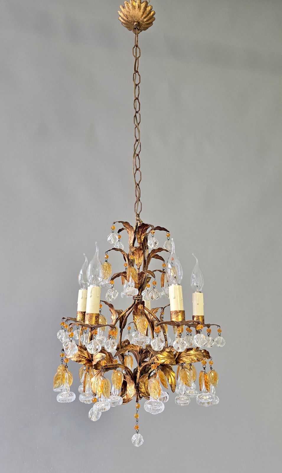 Italian Gilt Metal And Crystal Leaf Chandelier With Amber Glass Drops, 1970s photo furniture