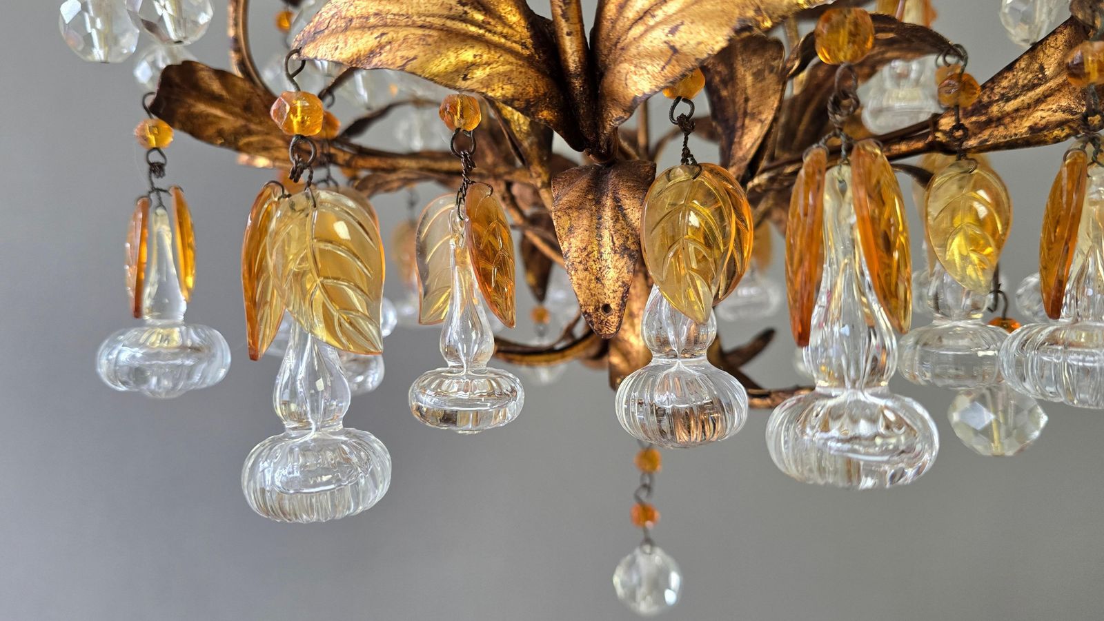 Italian Gilt Metal And Crystal Leaf Chandelier With Amber Glass Drops, 1970s photo Lighting