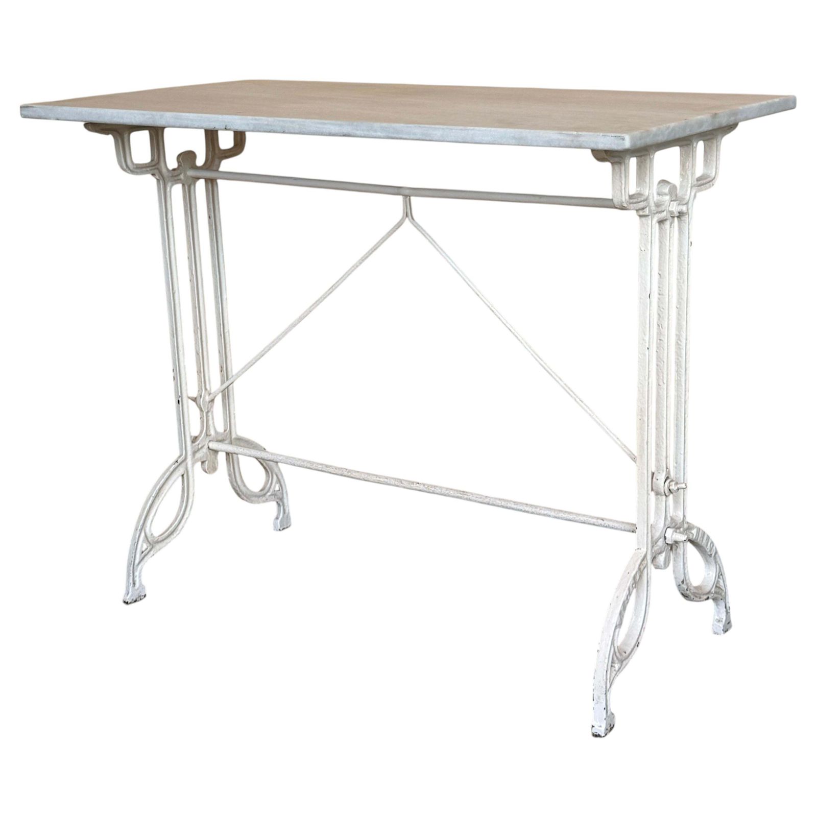 Table de bistrot française en fonte pleine, plateau en marbre blanc