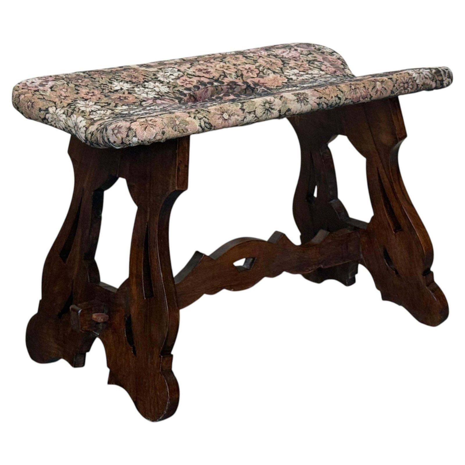 Rustic Spanish Carved Wood Upholstered Bench With Floral Fabric Seat