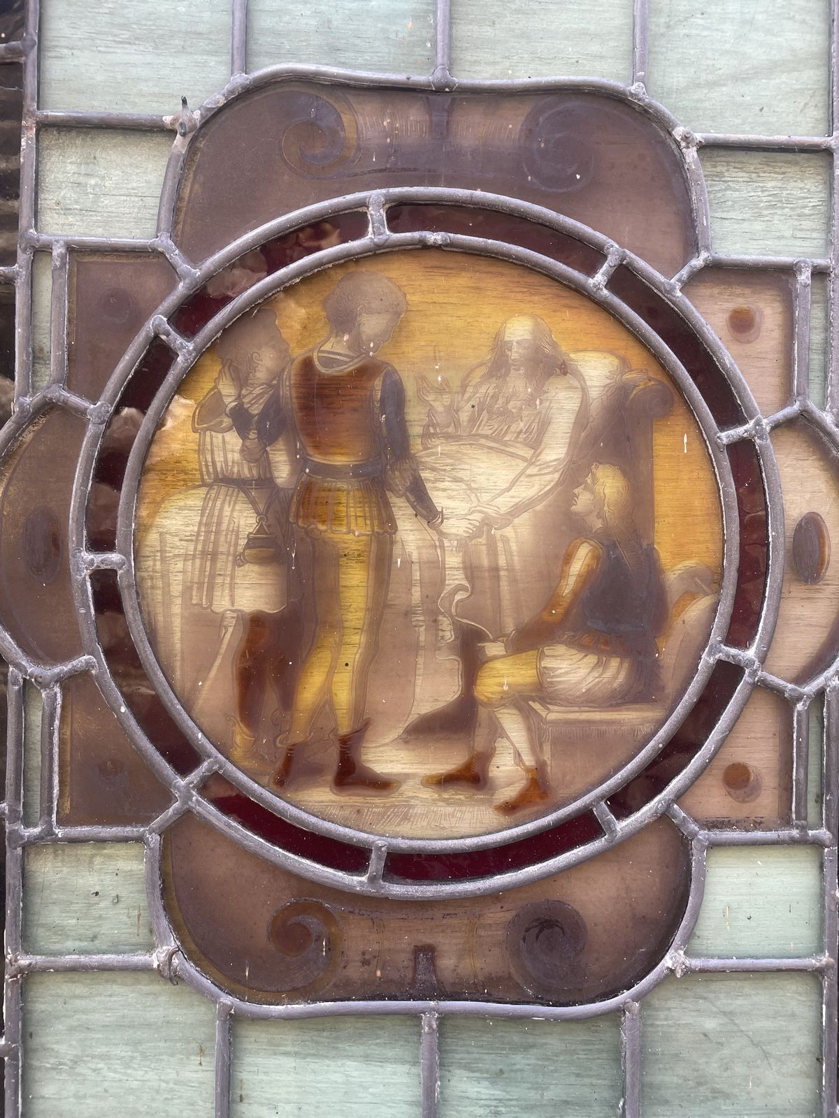 Beautiful Pair Victorian Hand Painted Stained Glass Windows Featuring Cultural Scenes photo for sale