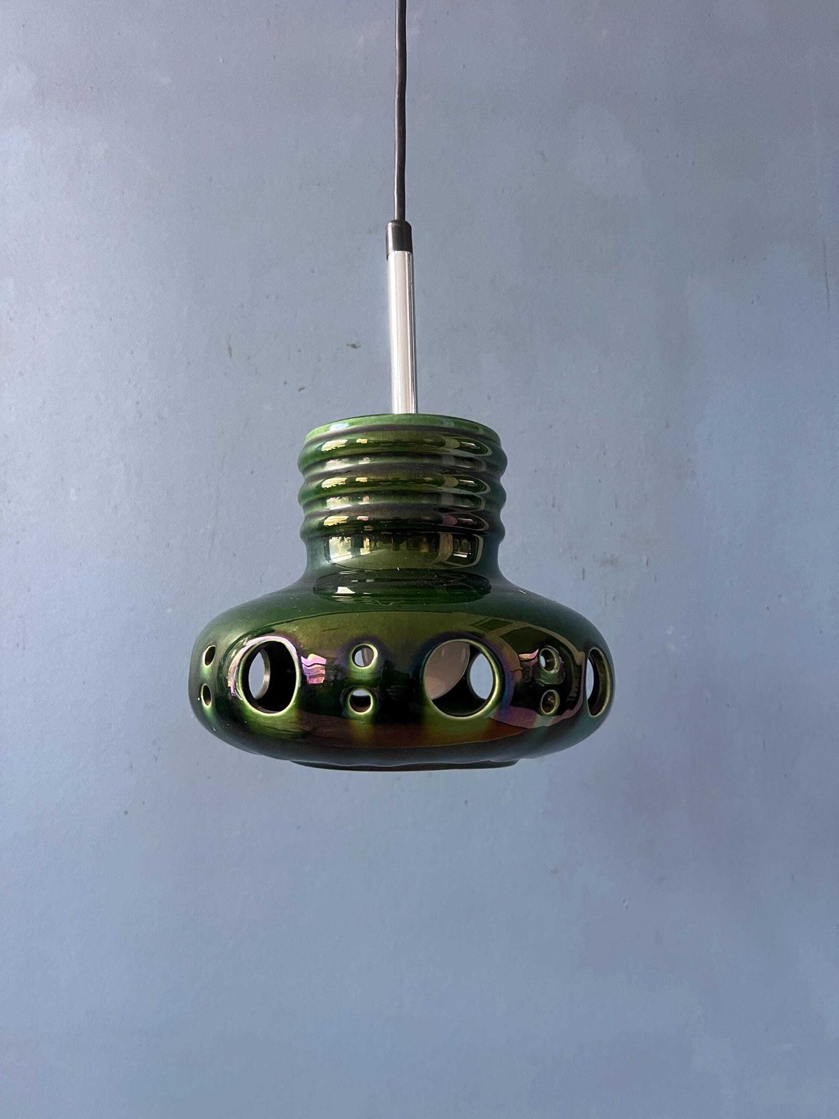 Mid Century Green Ceramic Pendant Light   West Germany Hanging Lamp photo vintage
