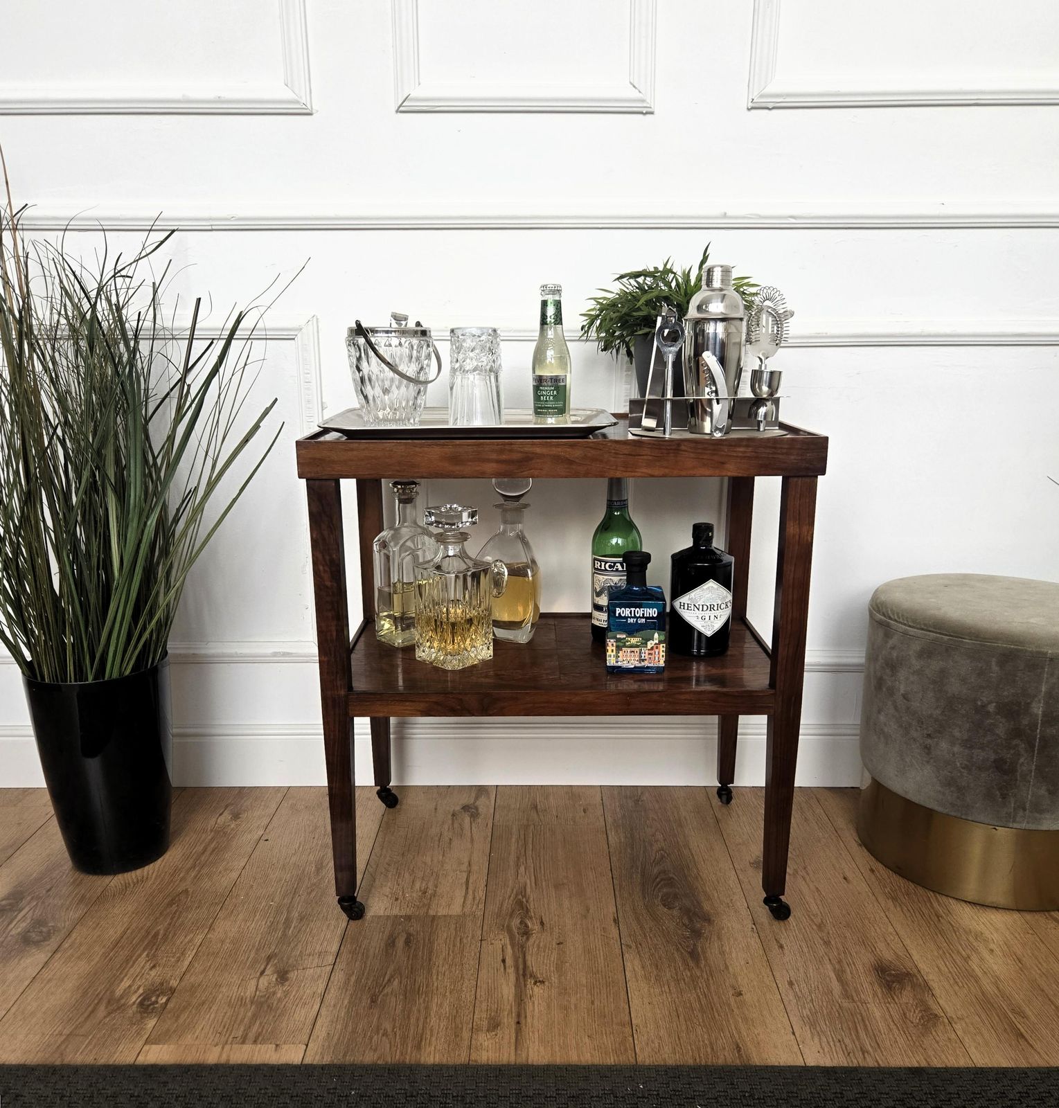 1950s Art Deco Mid Century Italian Burl Wood Brass Dry Bar Cabinet Liquor Cart photo furniture