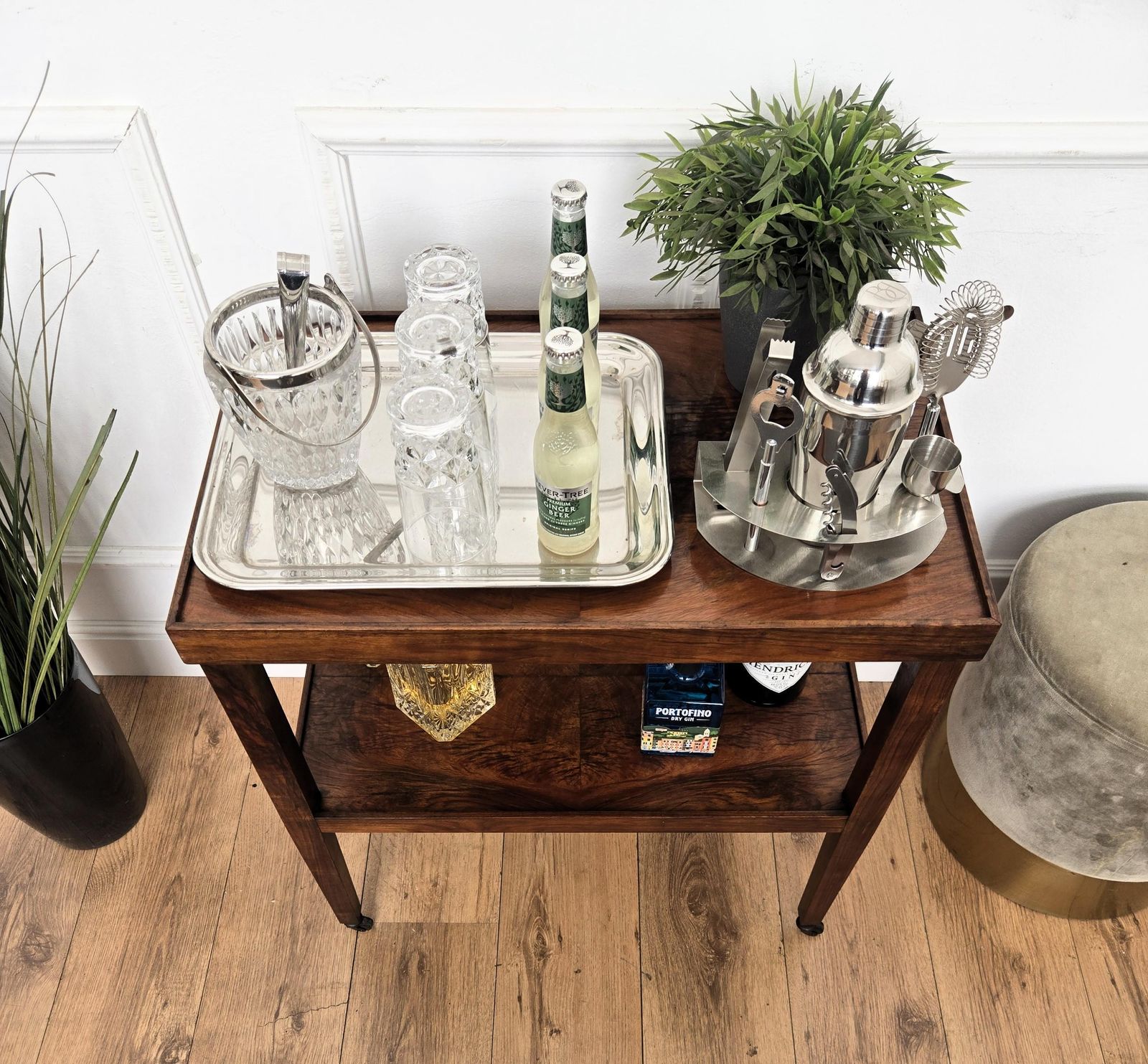 1950s Art Deco Mid Century Italian Burl Wood Brass Dry Bar Cabinet Liquor Cart photo 1323.0