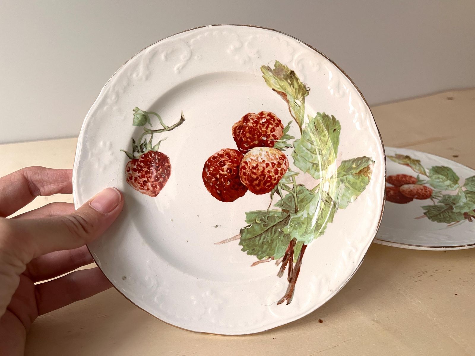 Antieke Franse dessertborden met aardbeienpatroon, Saint Amand Hamage servies in ironstone, ca. 1900 photo 64.0