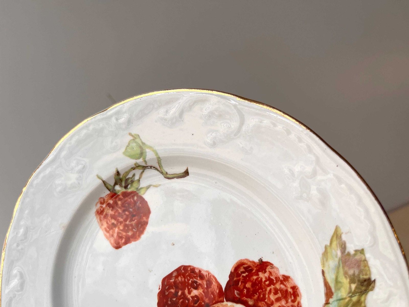 photo for sale Antique French Strawberries Dessert Plates, Saint Amand Hamage Tableware In Ironstone Circa 1900's