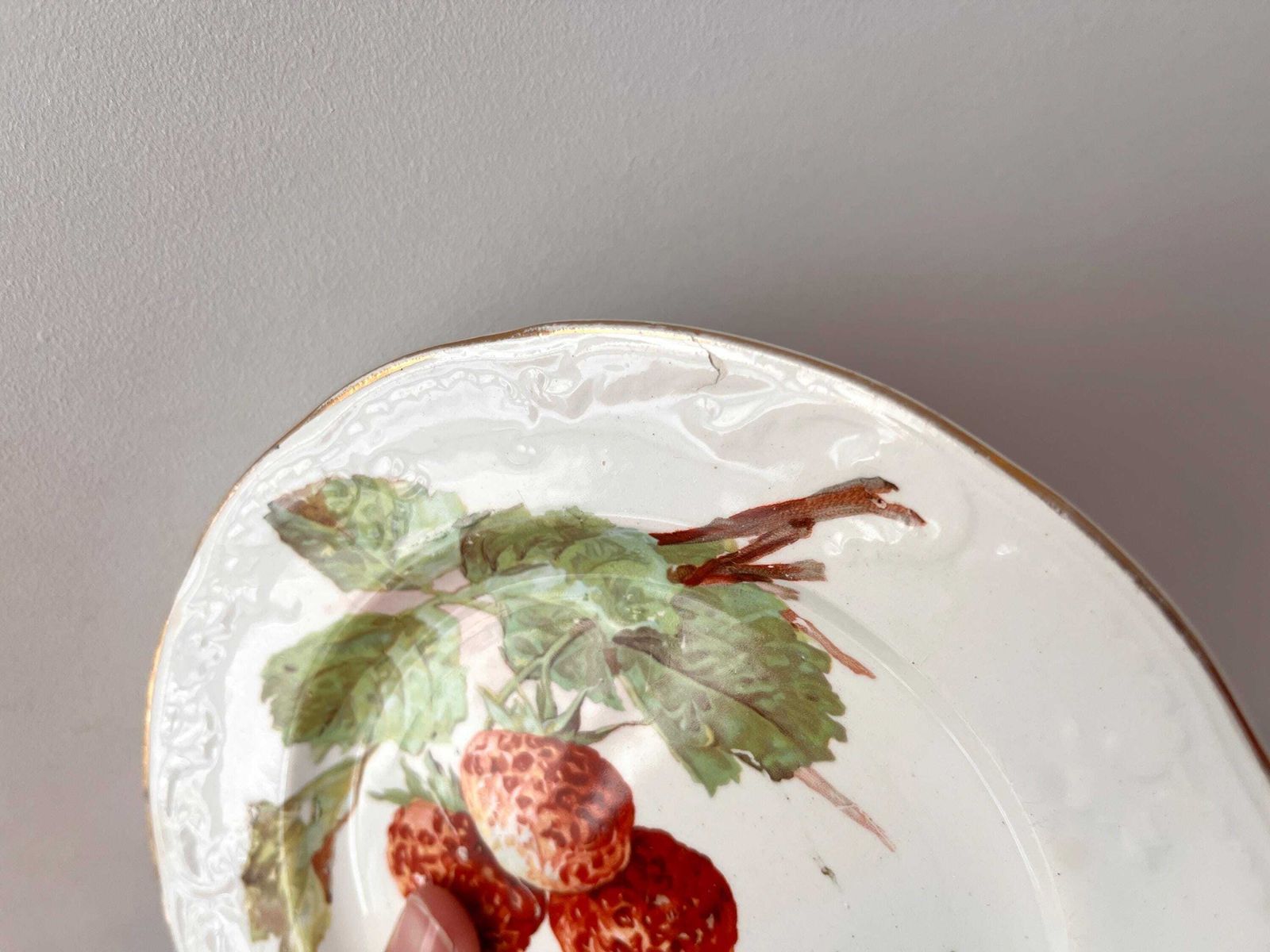 photo vinterior Antieke Franse dessertborden met aardbeienpatroon, Saint Amand Hamage servies in ironstone, ca. 1900