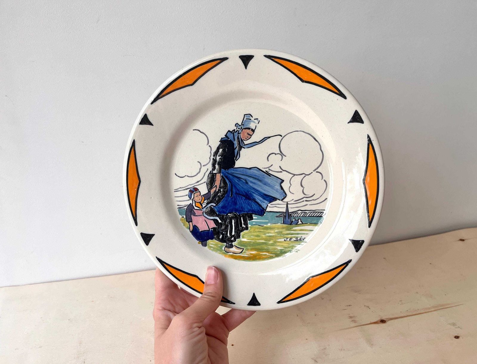 Antique Henriot Quimper Plate By Jim Eugène Sevellec, Brittany "Woman And Child" Pottery, Art Deco Dish