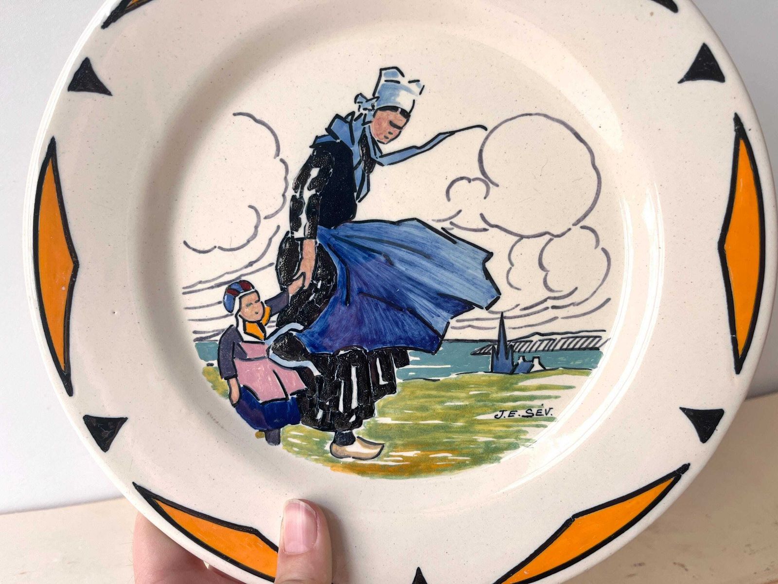 Antique Henriot Quimper Plate By Jim Eugène Sevellec, Brittany "Woman And Child" Pottery, Art Deco Dish photo furniture