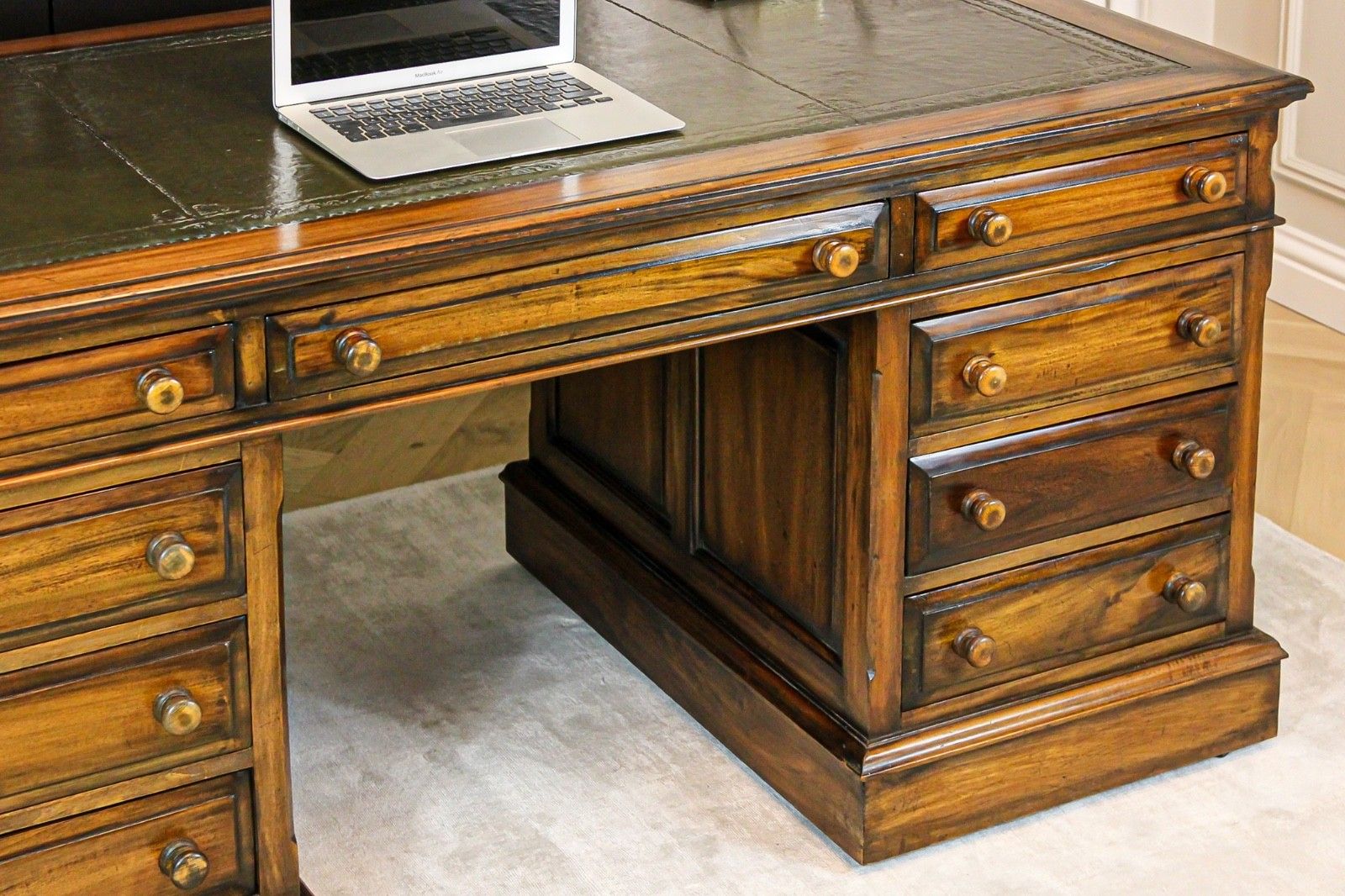 Large Antique Solid Mahogany Twin Pedestal Partners Leather Top Writing Desk photo Furniture