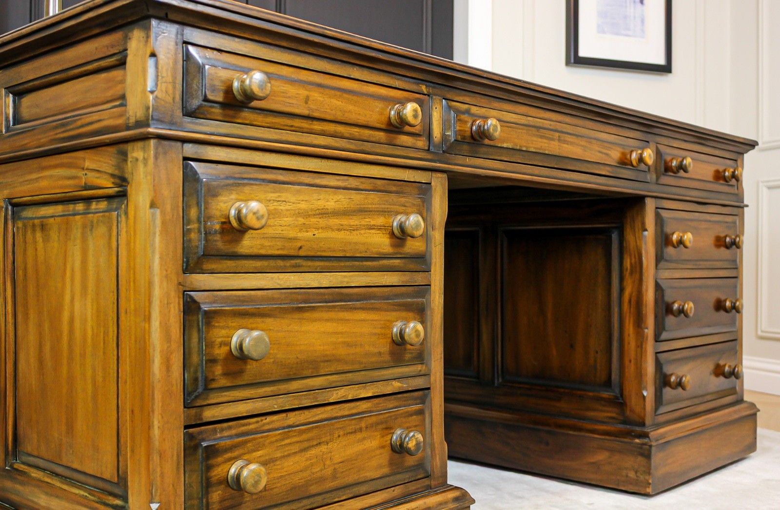 Large Antique Solid Mahogany Twin Pedestal Partners Leather Top Writing Desk photo vintage