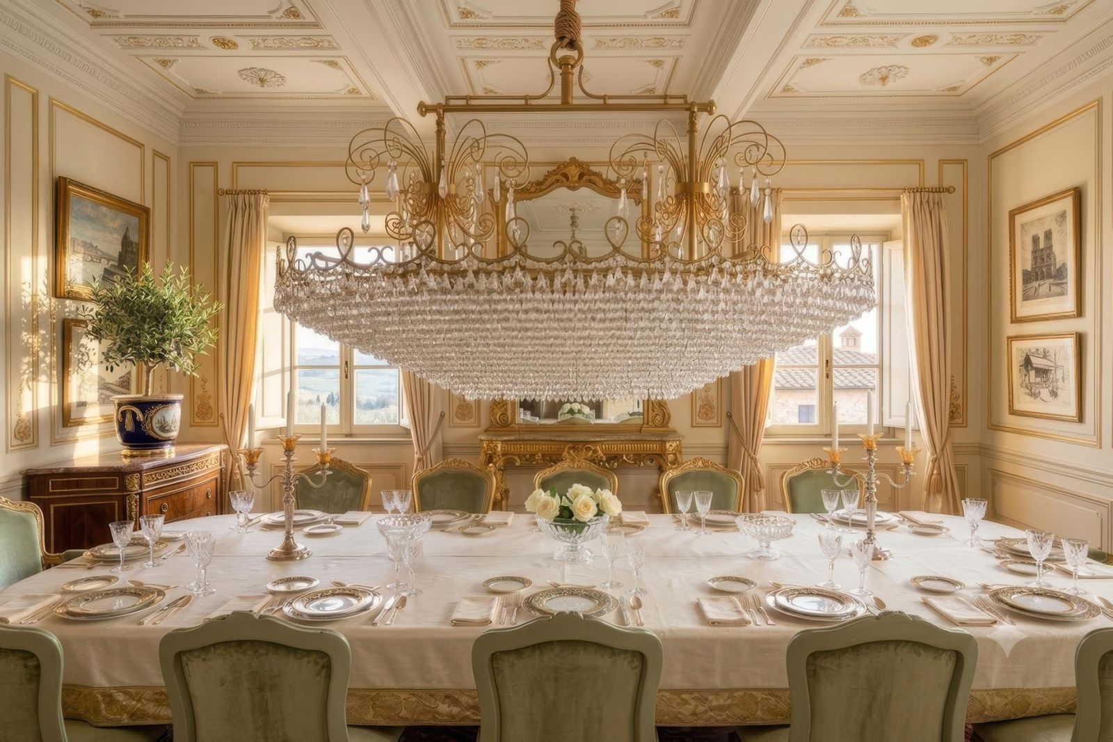 Monumental Italian Oval Crystal Chandelier With Ornate Brass Frame Circa 1970 photo vinterior
