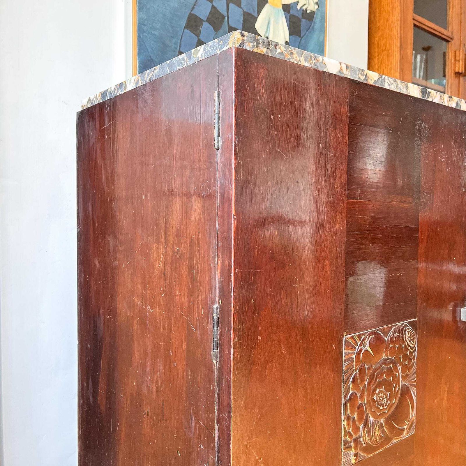 Furniture Large French Antique Art Deco Marble Top Cabinet photo