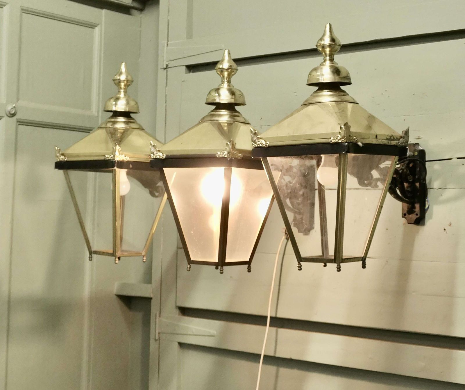 Large Brass Wall Hung Lantern There Are Three Of These Old Wall Lights photo for sale