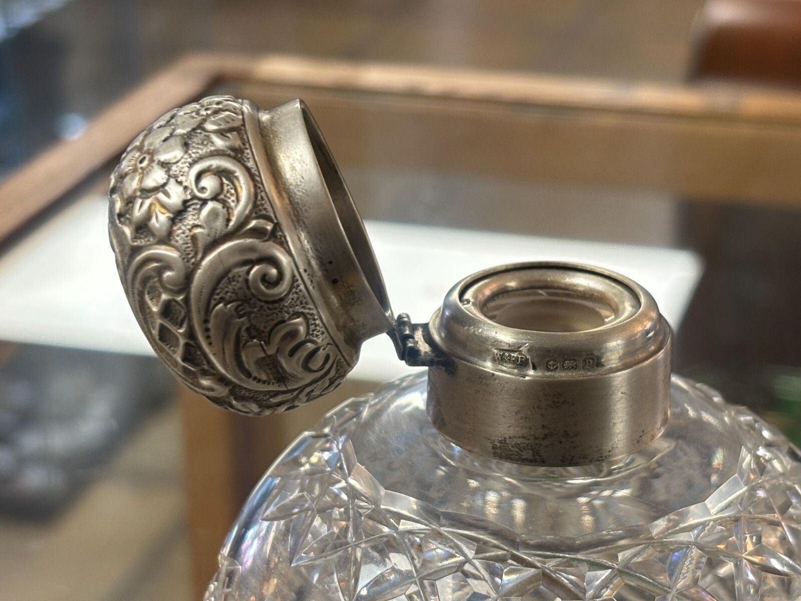 photo furniture Antique 1914 Sterling Silver & Cut Glass Perfume/ Vanity Bottle.