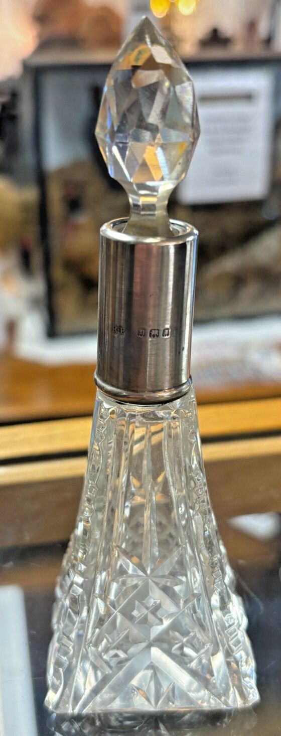 Antique Sterling Silver & Cut Glass Perfume Bottle With Stopper.