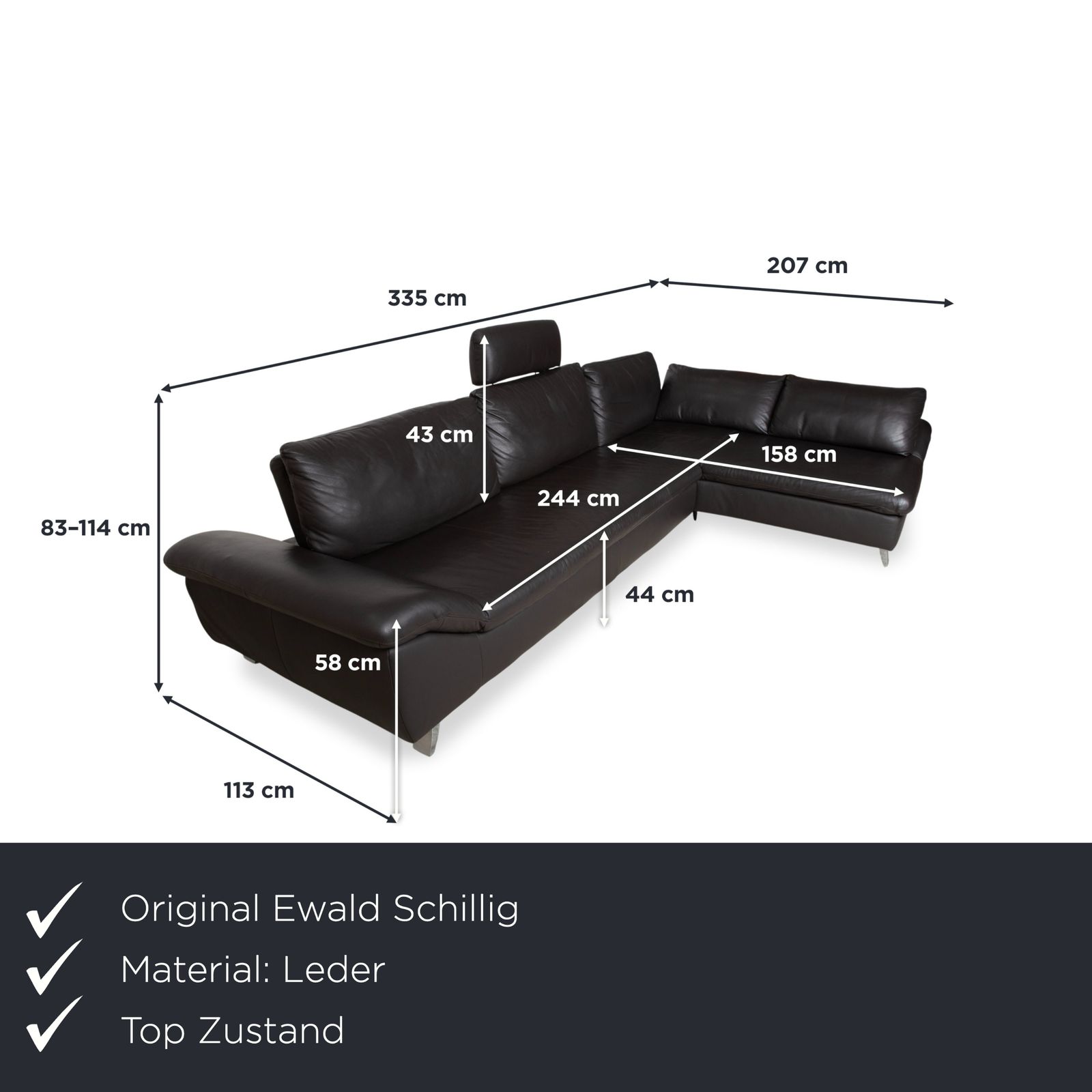 Canapé d'angle Ewald Schillig en cuir noir, appuie-tête à réglage manuel photo furniture