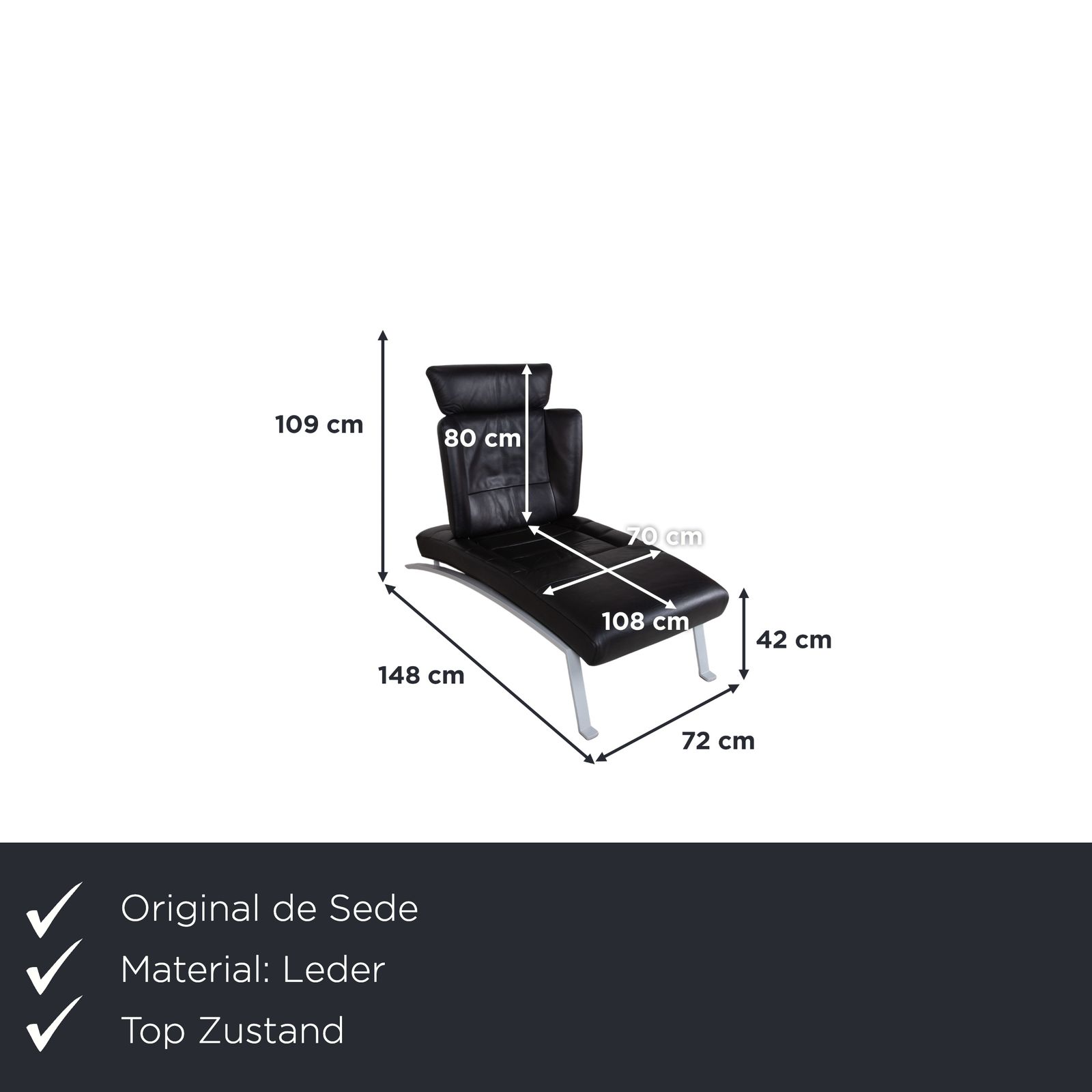 Méridienne De Sede DS 158 en cuir noir, fonction manuelle photo furniture