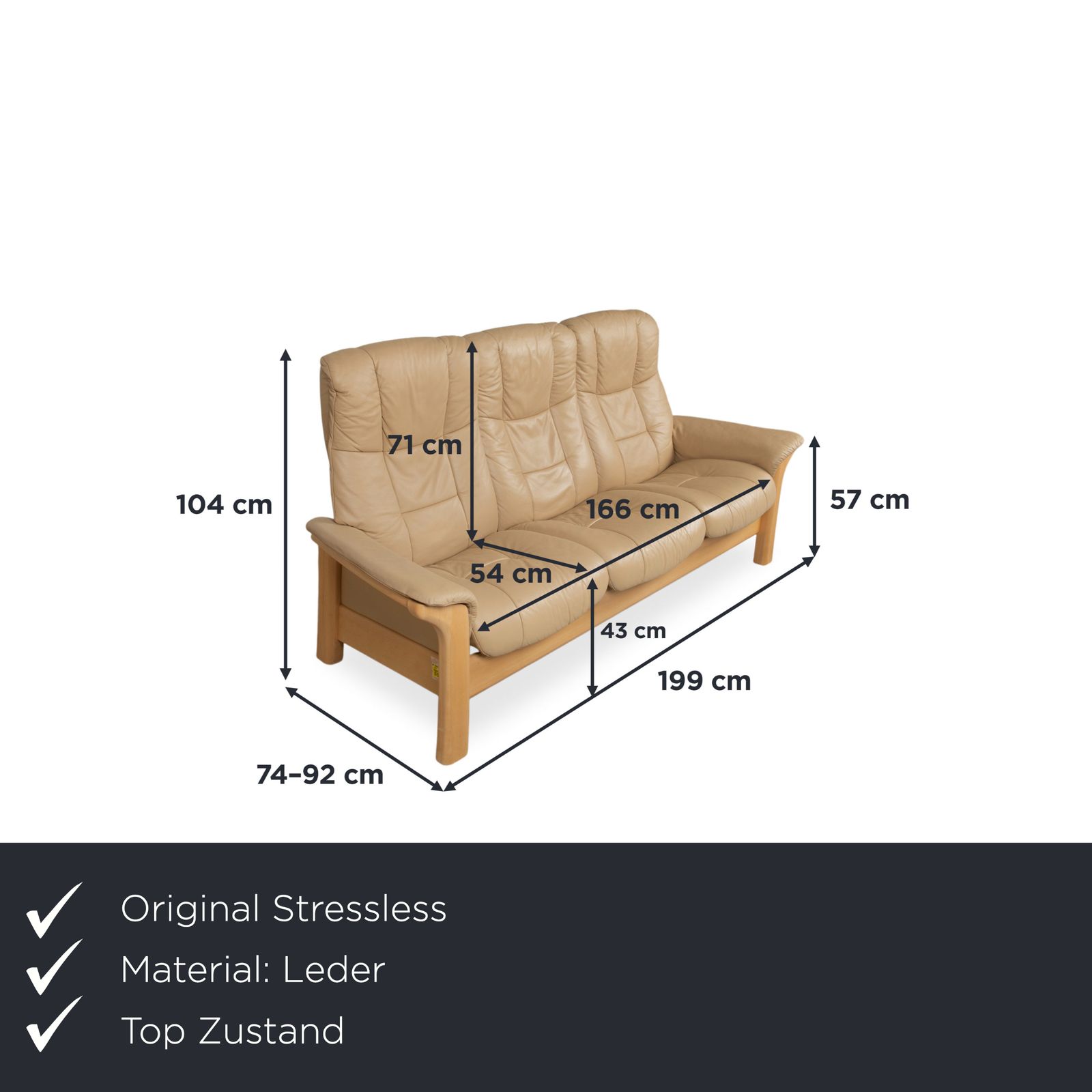 Canapé Stressless Windsor 3 places en cuir et bois, beige crème photo furniture