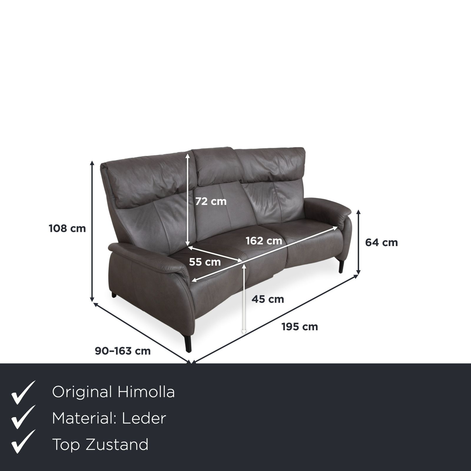 Himolla Trapez Leather Three Seater Grey Anthracite Manual Function Sofa photo furniture