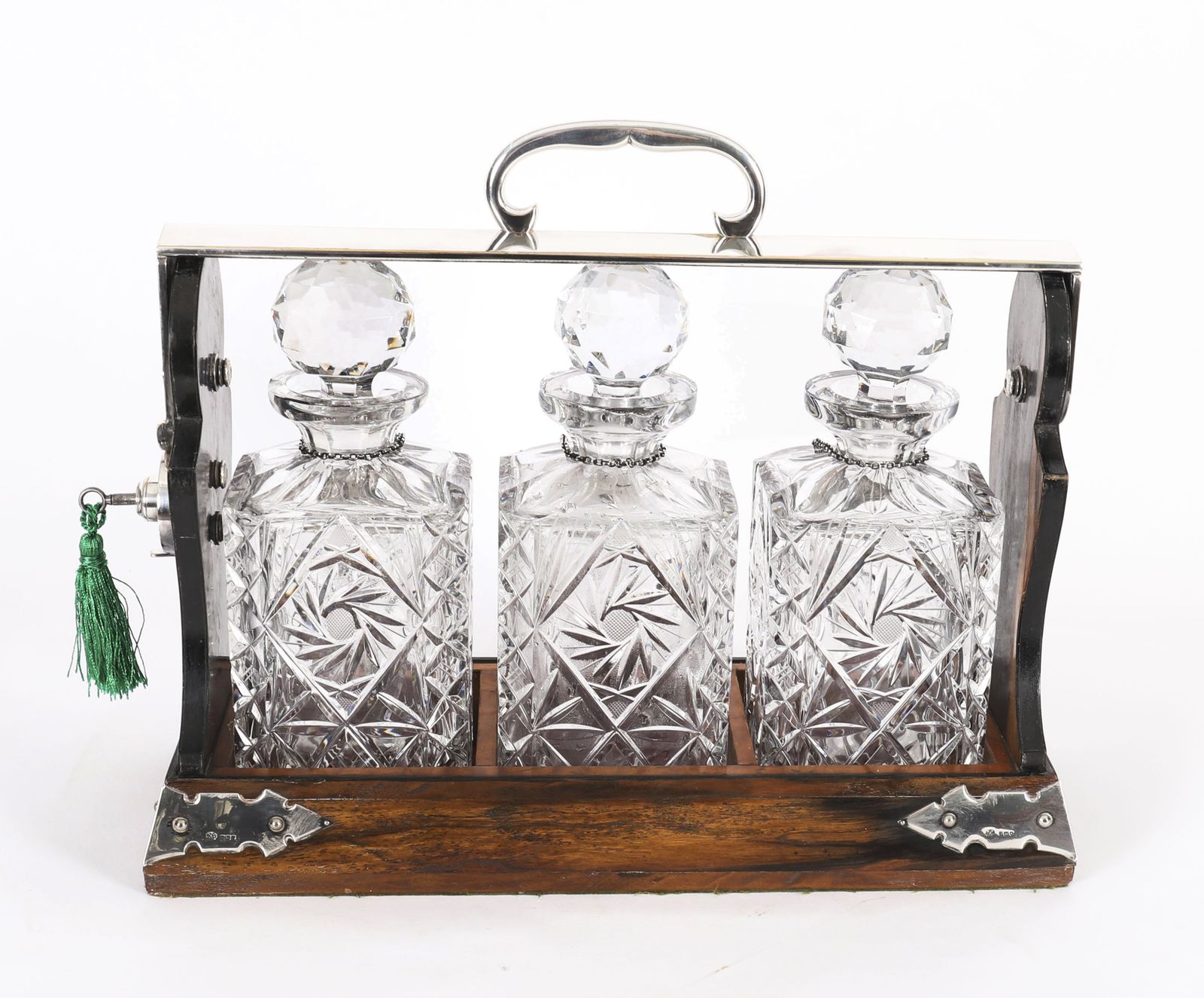 Antique Betjemann’s Coromandel 3 Crystal Decanter Tantalus Silver Hallmarks 1907 photo for sale
