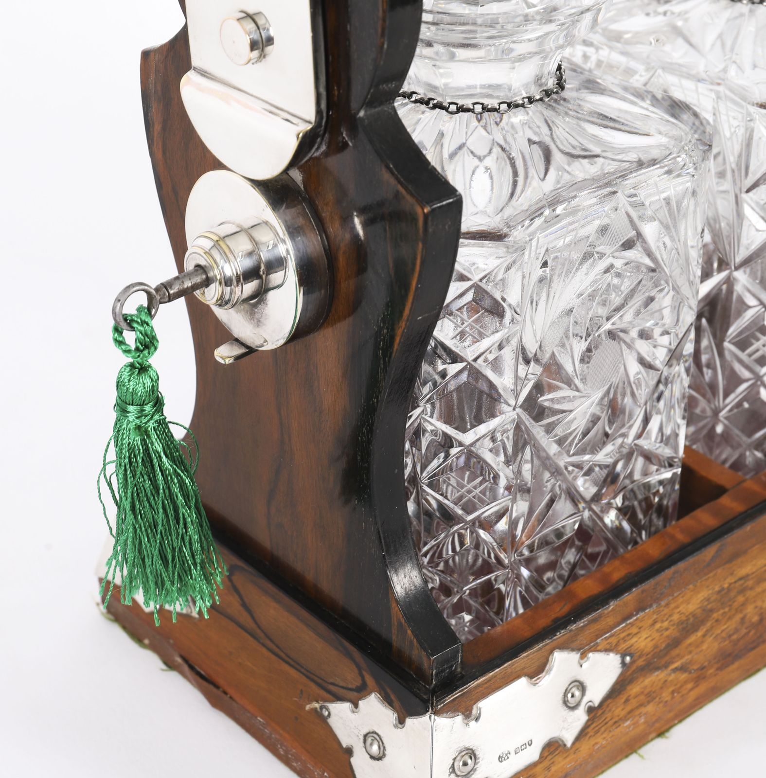 photo furniture Antique Betjemann’s Coromandel 3 Crystal Decanter Tantalus Silver Hallmarks 1907
