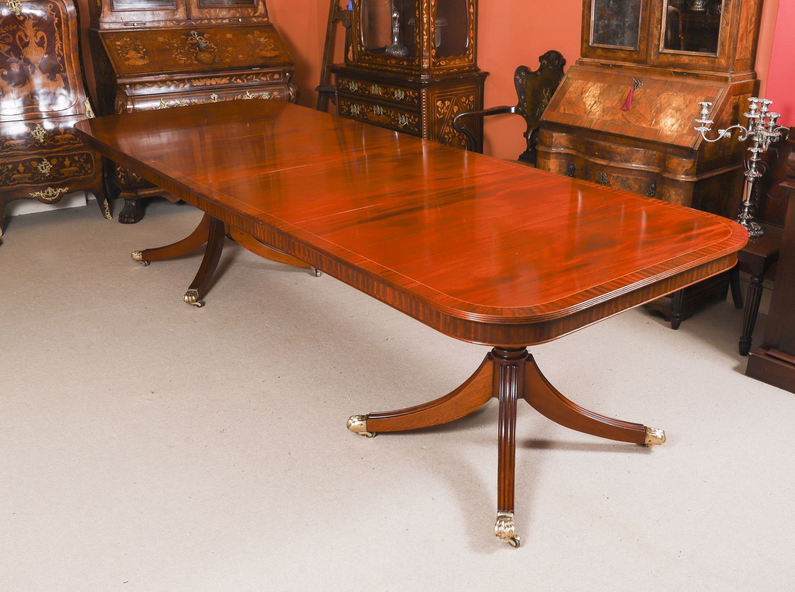 photo vintage 10ft3" Regency Revival Twin Pillar Flame Mahogany Dining Table 20th C