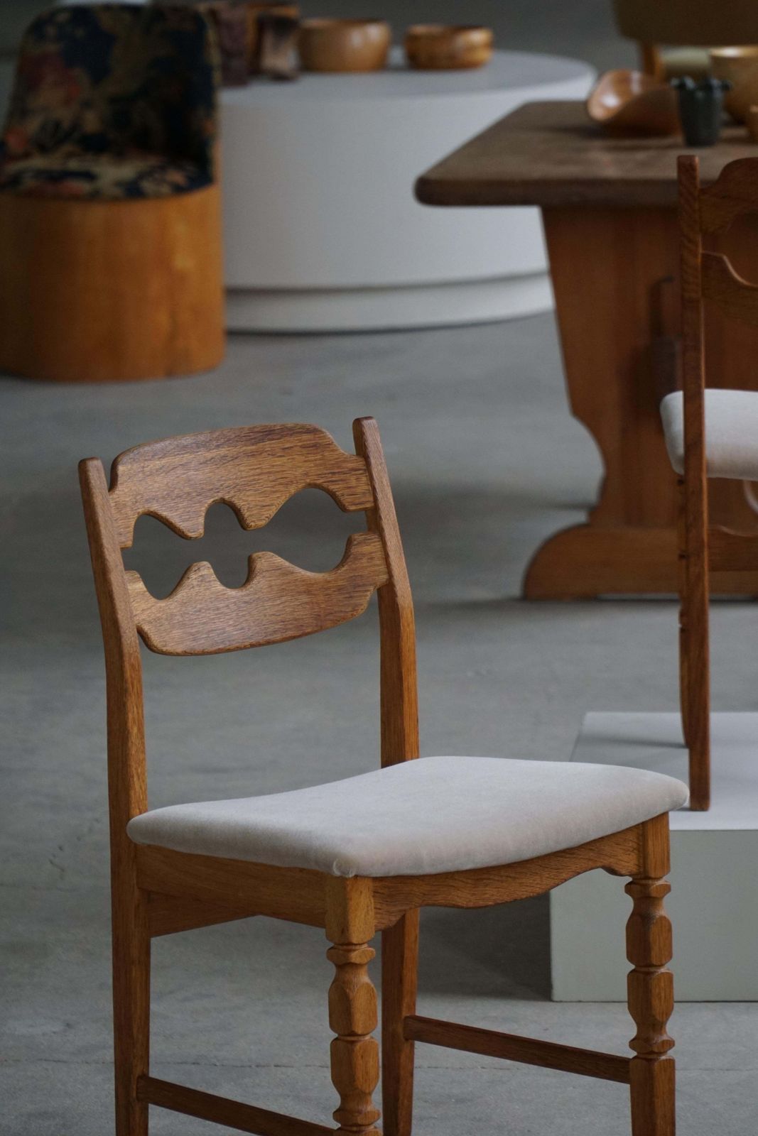Set Of 6 Henning Kjærnulf “Razorblade” Dining Chairs In Oak & Mohair, 1960s photo for sale