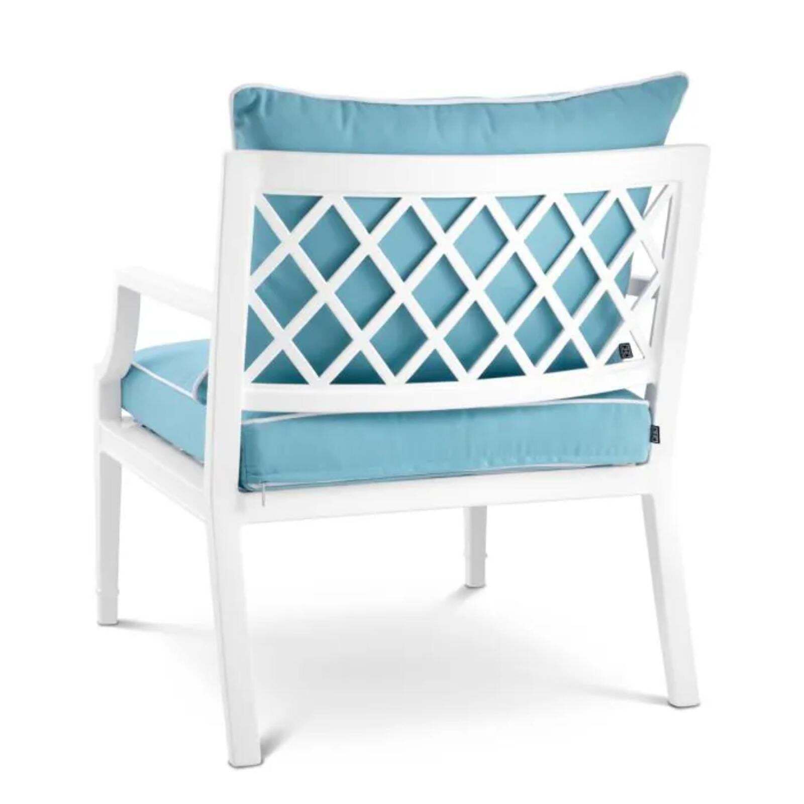 Contemporary White Outdoor Chair With Mineral Blue Sunbrella Cushion Bella Vista photo for sale