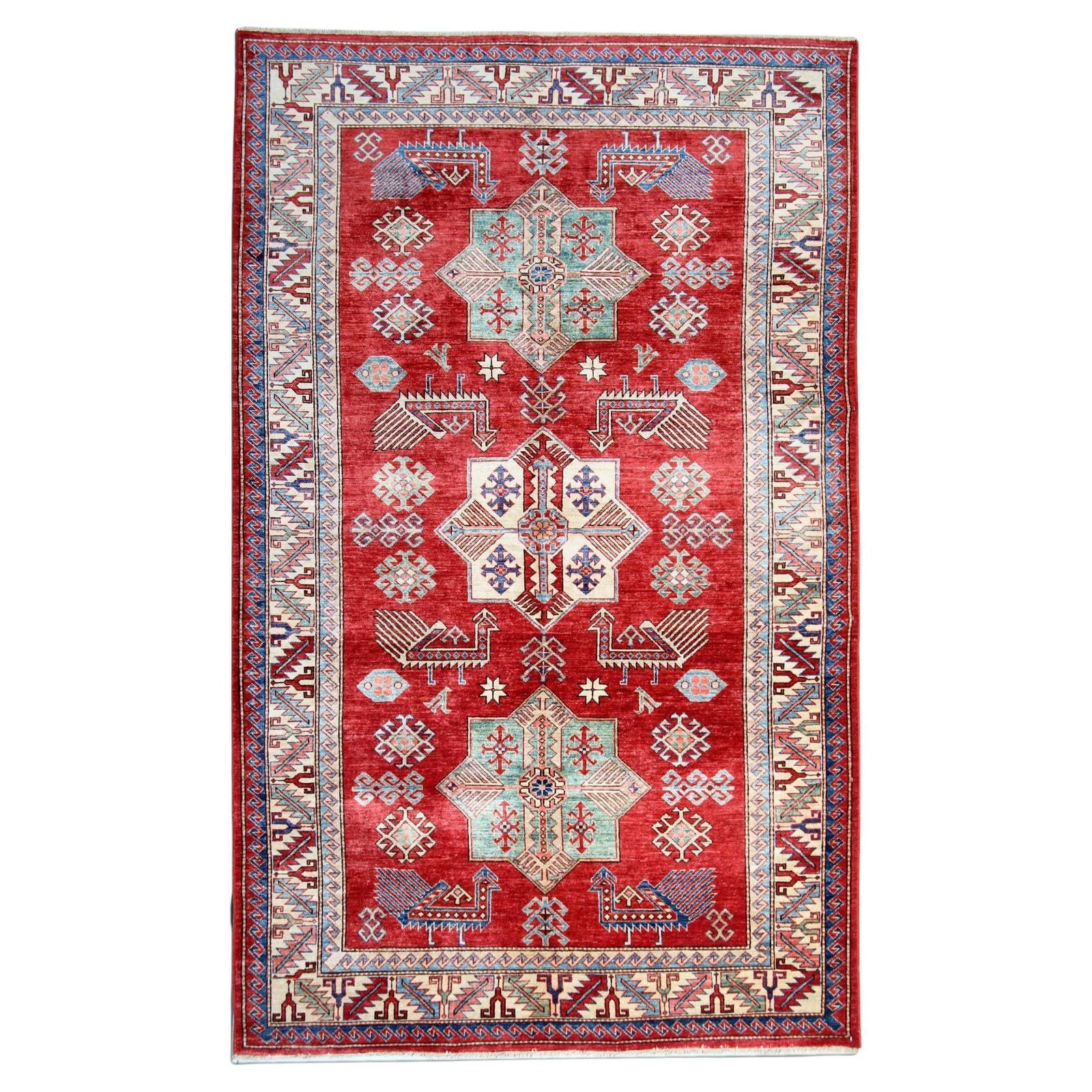 Tapis Kazak, tapis géométrique rouge au motif de paon, rustique et primitif