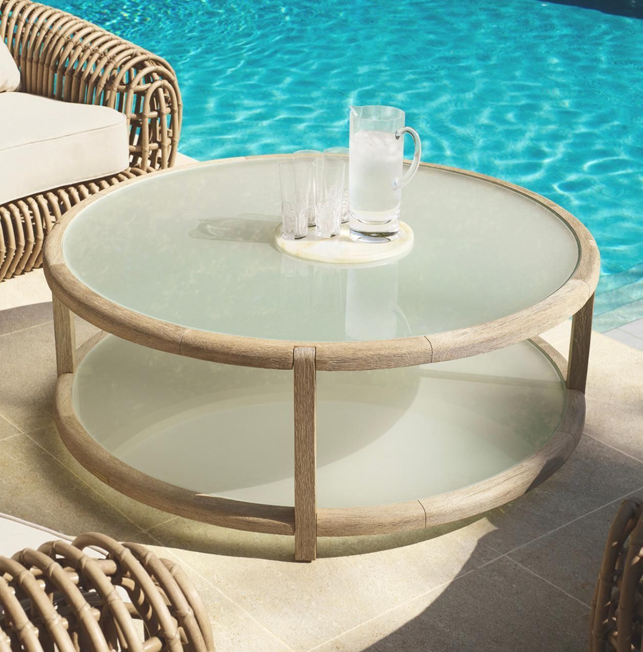 Round Outdoor Coffee Table In Aged Teak And Frosted Glass. photo for sale