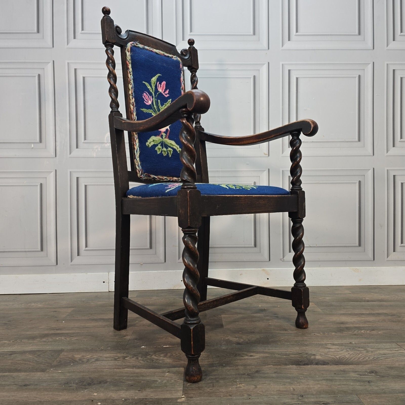 Antique Oak Wooden Armchair   Barley Twist Tapestry Upholstered Hall Chair Seat photo furniture