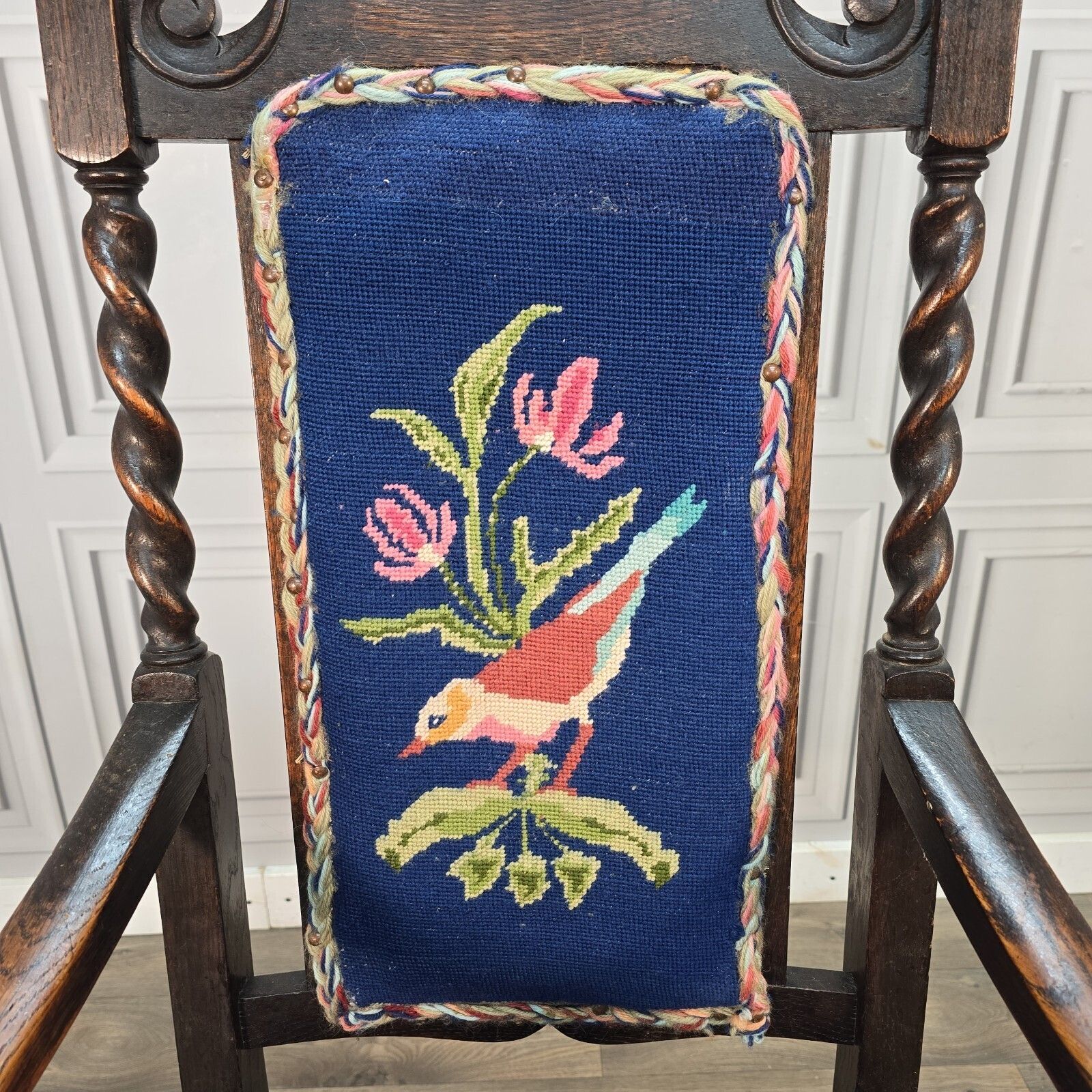 Antique Oak Wooden Armchair   Barley Twist Tapestry Upholstered Hall Chair Seat photo vinterior