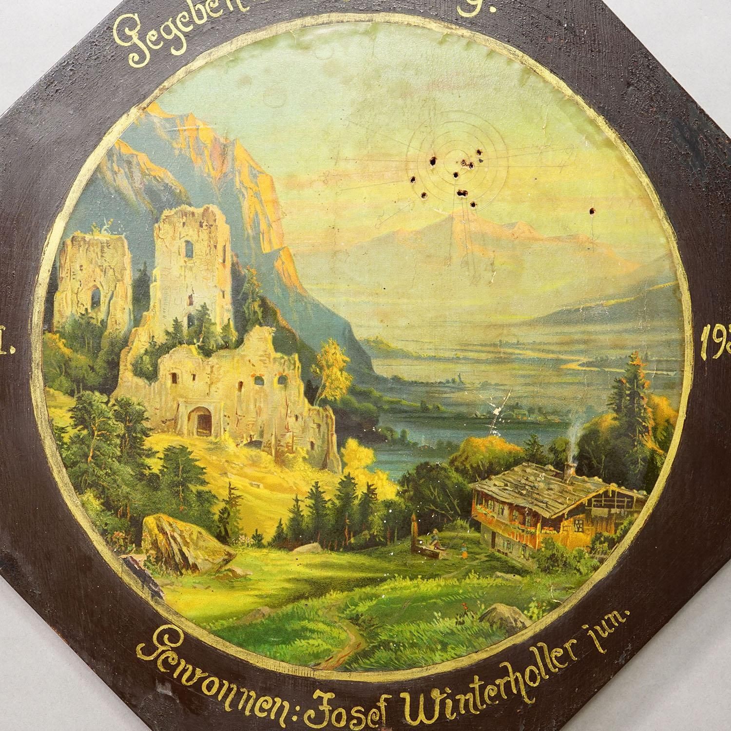 Antiek Ereschijf met Alpenlandschap en Kasteelruïnes, Duitsland 1932 photo for sale