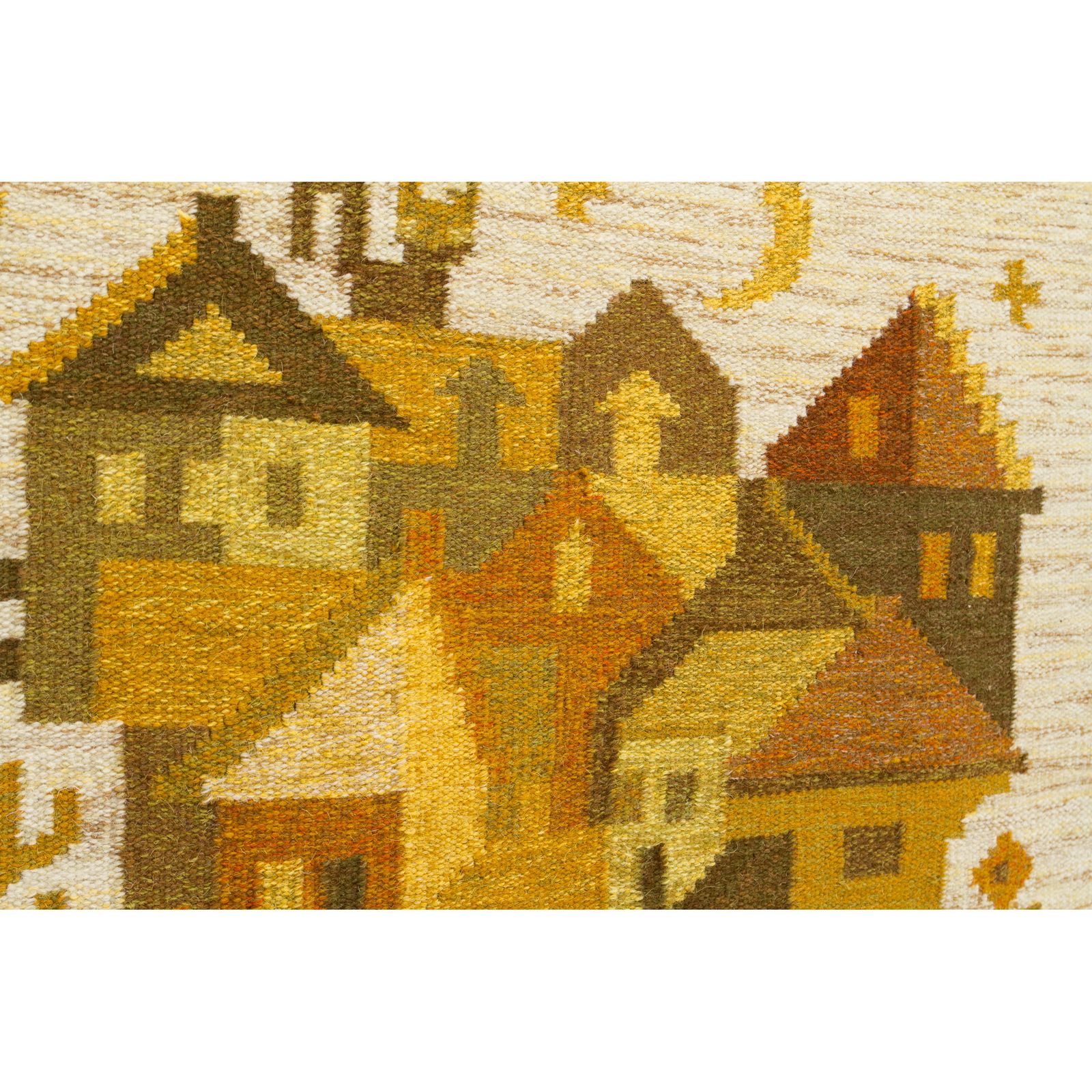 Vintage 70s Handwoven Tapestry In Mustard Yellow & Brown: Geometric Town photo furniture