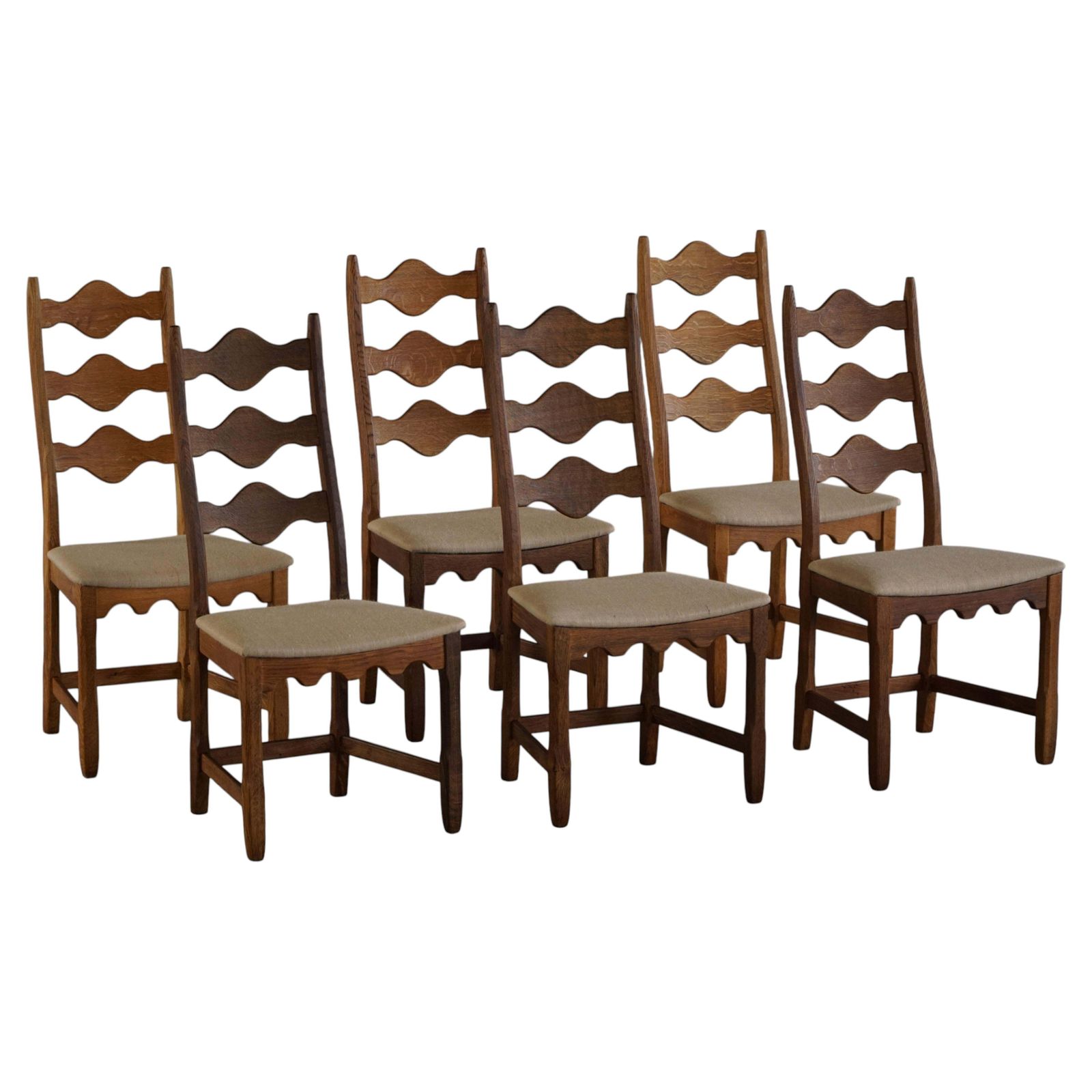 Set Of 6 Highback Dining Chairs In Oak, Danish Modern, Henning Kjærnulf, 1960s