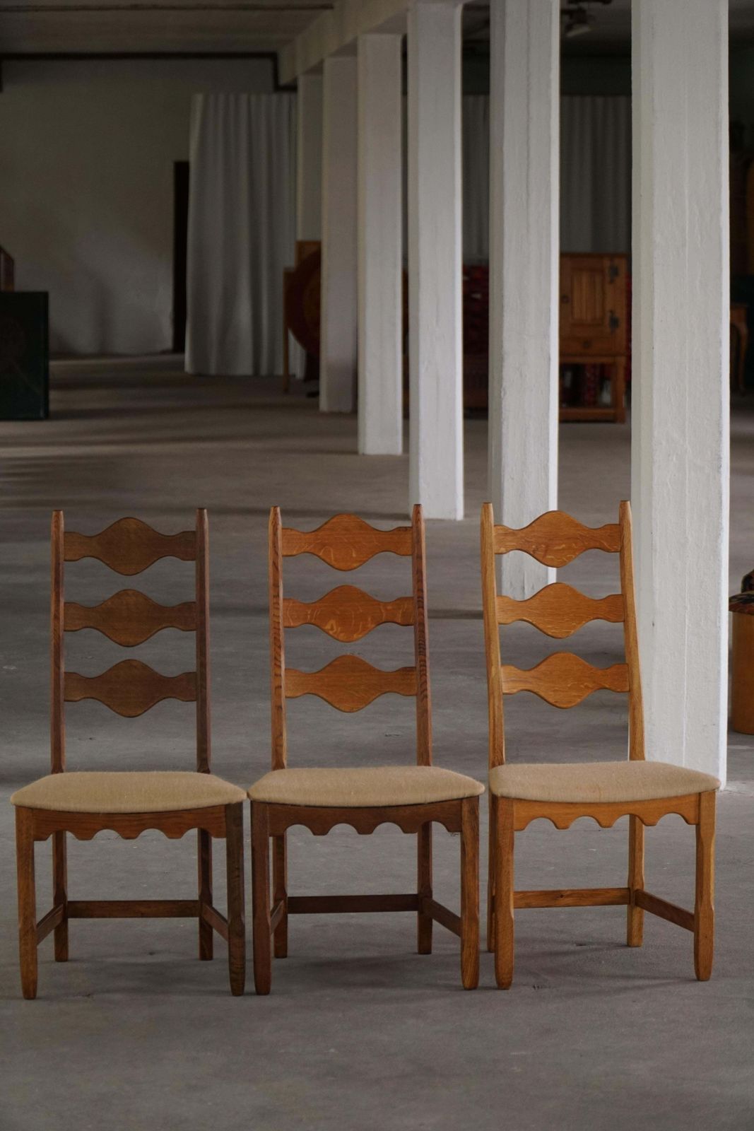 photo for sale Set Of 6 Highback Dining Chairs In Oak, Danish Modern, Henning Kjærnulf, 1960s