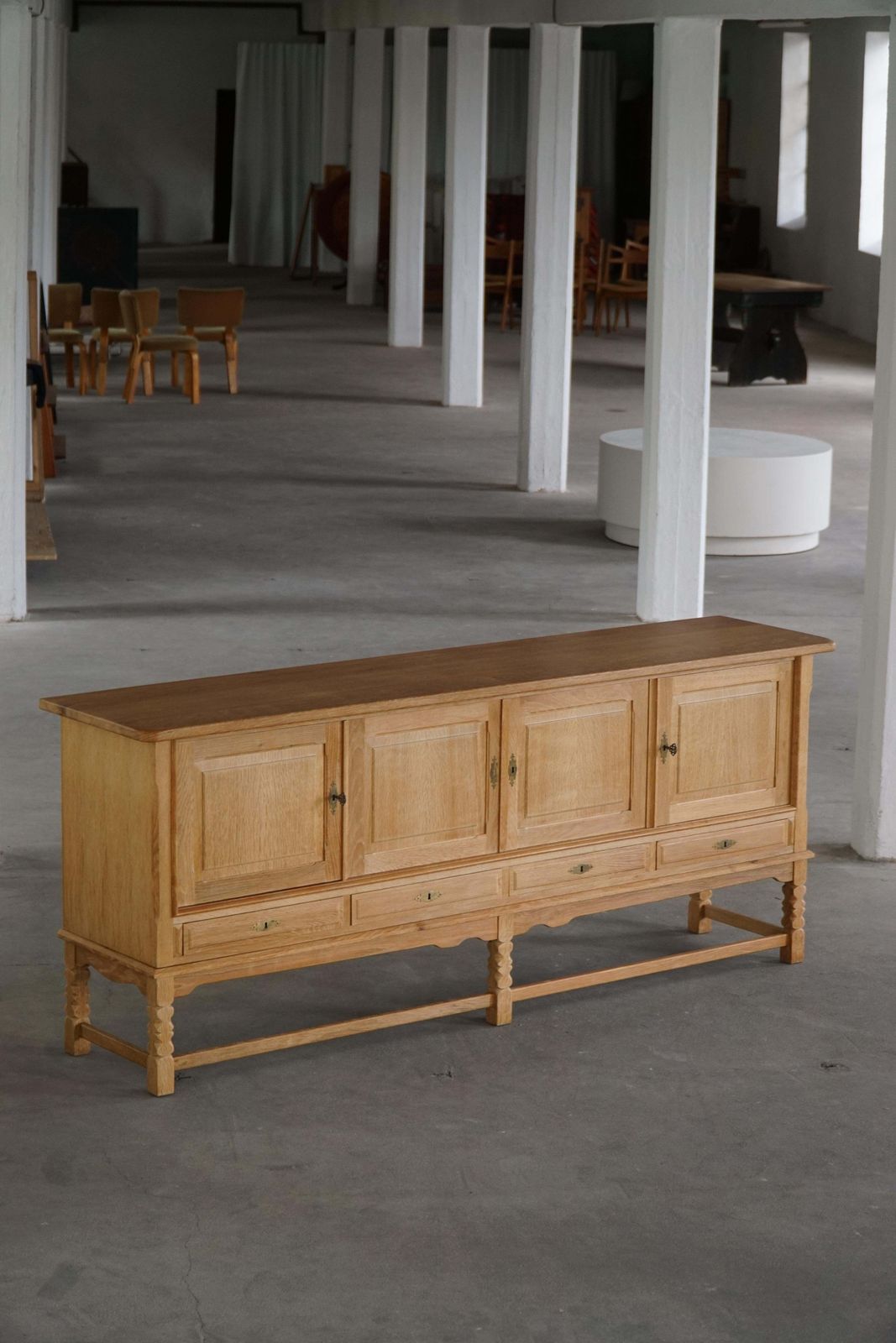 photo for sale Low Brutalist Sideboard In Oak, Danish Mid Century, Henning Kjærnulf, 1960s