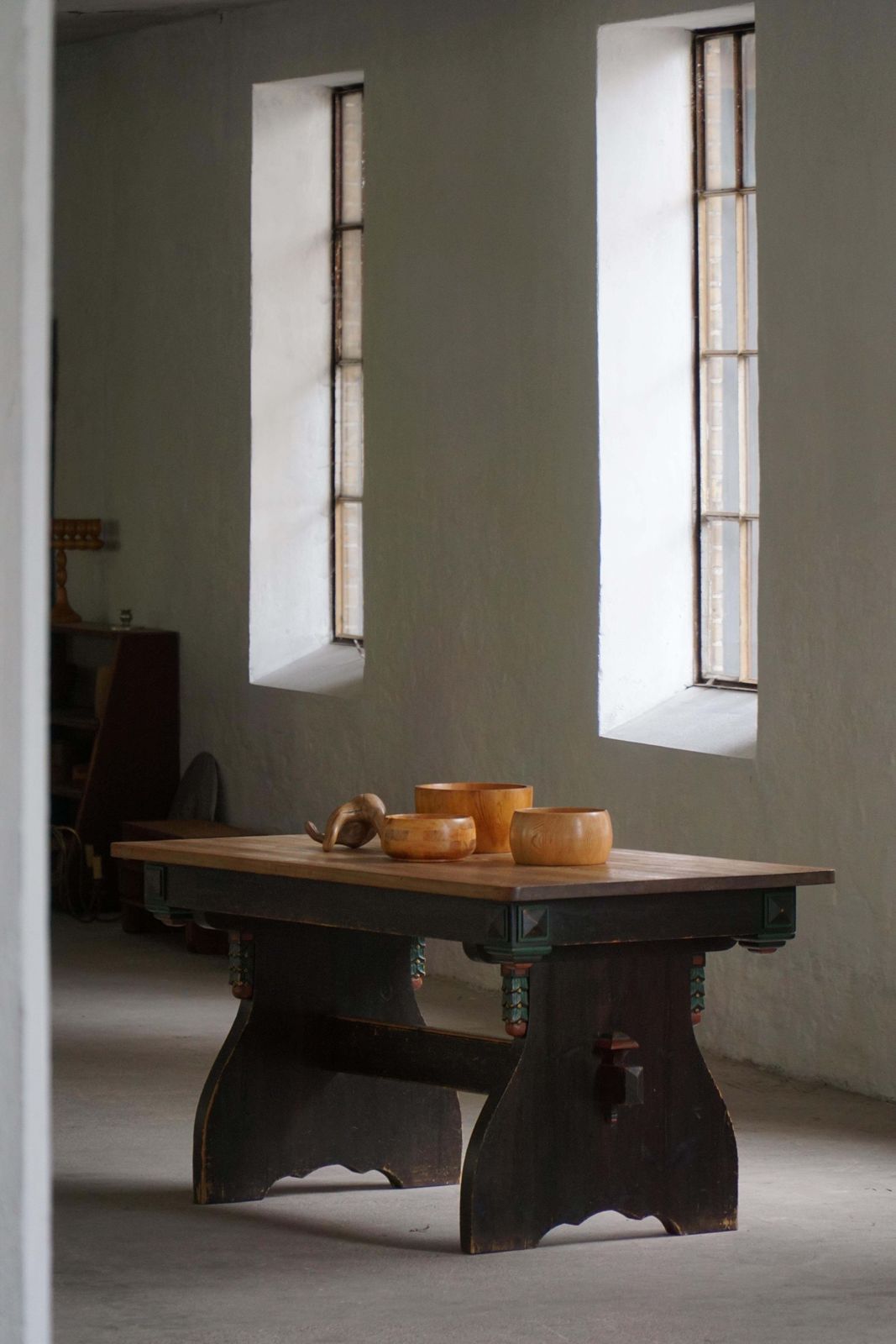 Furniture Scandinavian Rustic Folk Art Dining Table In Stained Pine, Sweden, 1900s–1940s photo