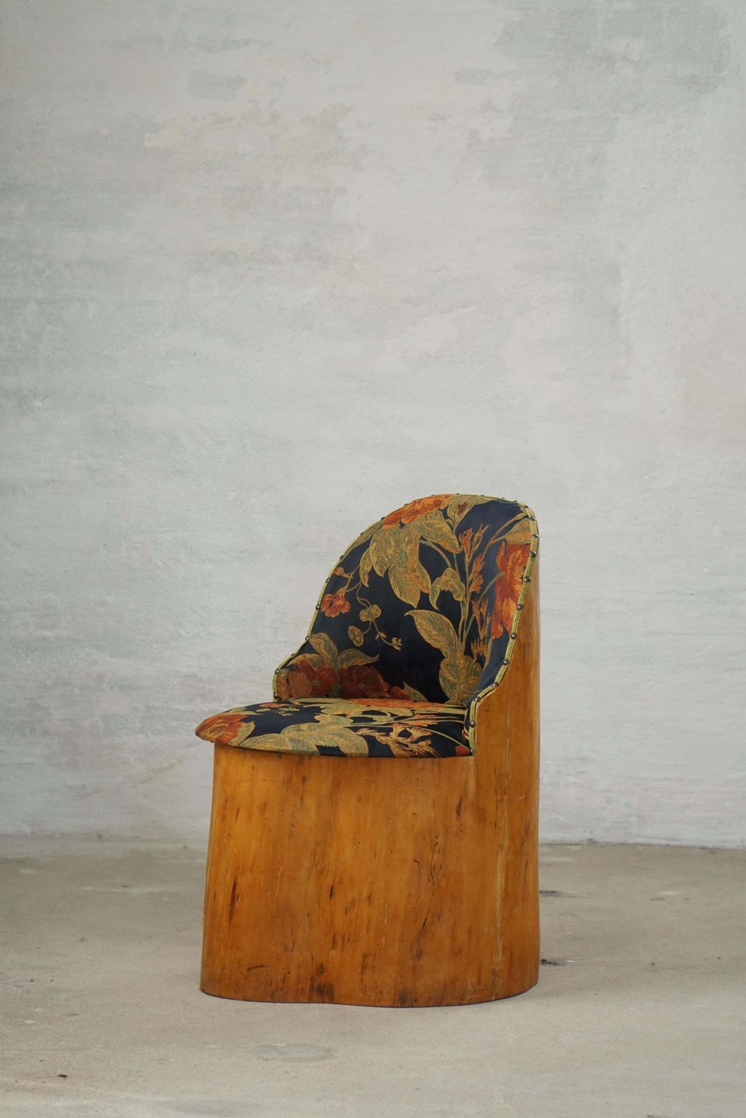 photo furniture Swedish Stump Chair / “Kubstol” In Pine & Floral Upholstery, Mid 20th Century